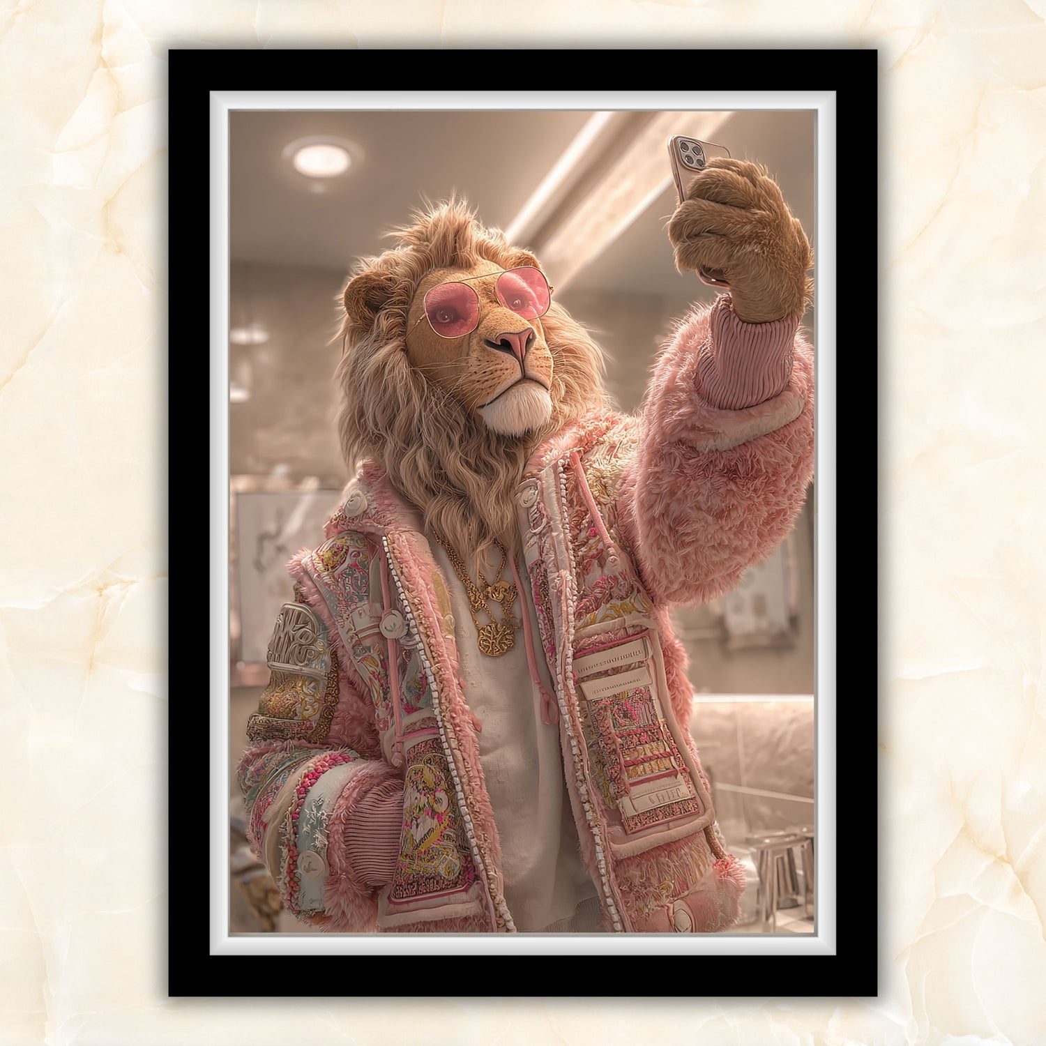 Premium poster of a stylish lion standing in a modern bathroom, taking a selfie with pink sunglasses and a gold necklace. Perfect for bathroom wall decor, modern interiors, or as a humorous gift. Printed on 200 gsm semi-glossy FSC-certified paper in multiple sizes from A4 to A0 and 30×40/50×70 cm – fits IKEA frames.