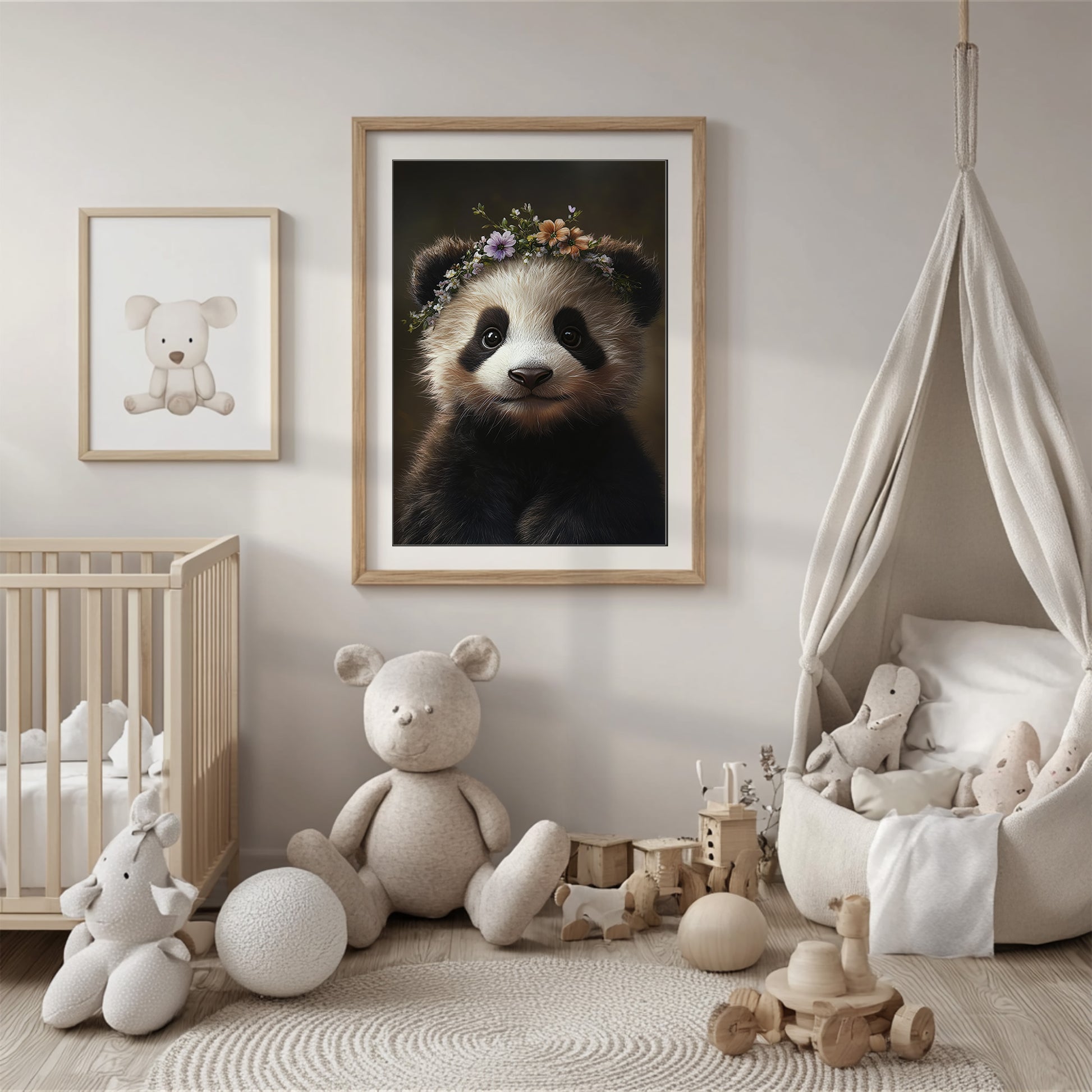 Cute baby panda bear cub with flower crown – printable nursery wall art for kids room, baby room or woodland-themed decor. Includes 4 high-res JPGs. A Dezinbazar original.