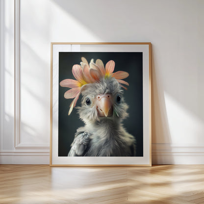 Adorable baby parrot with a flower crown – printable whimsical bird wall art for tropical or jungle-themed nursery decor. Perfect as a gift for expecting parents, baby showers or bird lovers. This high-resolution digital artwork includes various sizes and is easy to print at home or professionally. A colorful and cheerful Dezinbazar design that brings joy and a touch of the wild into your child’s room.