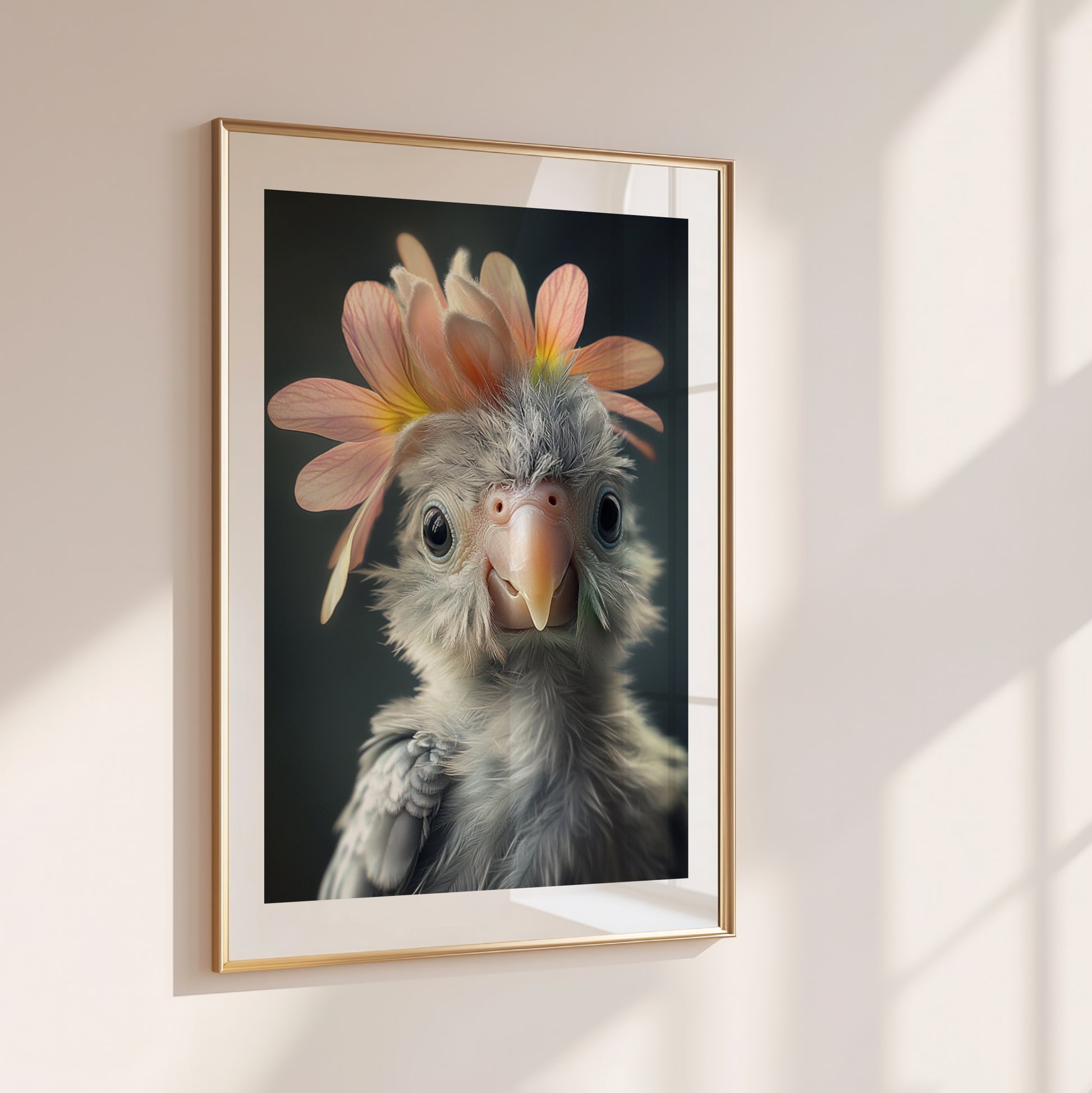 Adorable baby parrot with a flower crown – printable whimsical bird wall art for tropical or jungle-themed nursery decor. Perfect as a gift for expecting parents, baby showers or bird lovers. This high-resolution digital artwork includes various sizes and is easy to print at home or professionally. A colorful and cheerful Dezinbazar design that brings joy and a touch of the wild into your child’s room.