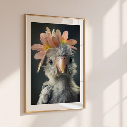 Adorable baby parrot with a flower crown – printable whimsical bird wall art for tropical or jungle-themed nursery decor. Perfect as a gift for expecting parents, baby showers or bird lovers. This high-resolution digital artwork includes various sizes and is easy to print at home or professionally. A colorful and cheerful Dezinbazar design that brings joy and a touch of the wild into your child’s room.