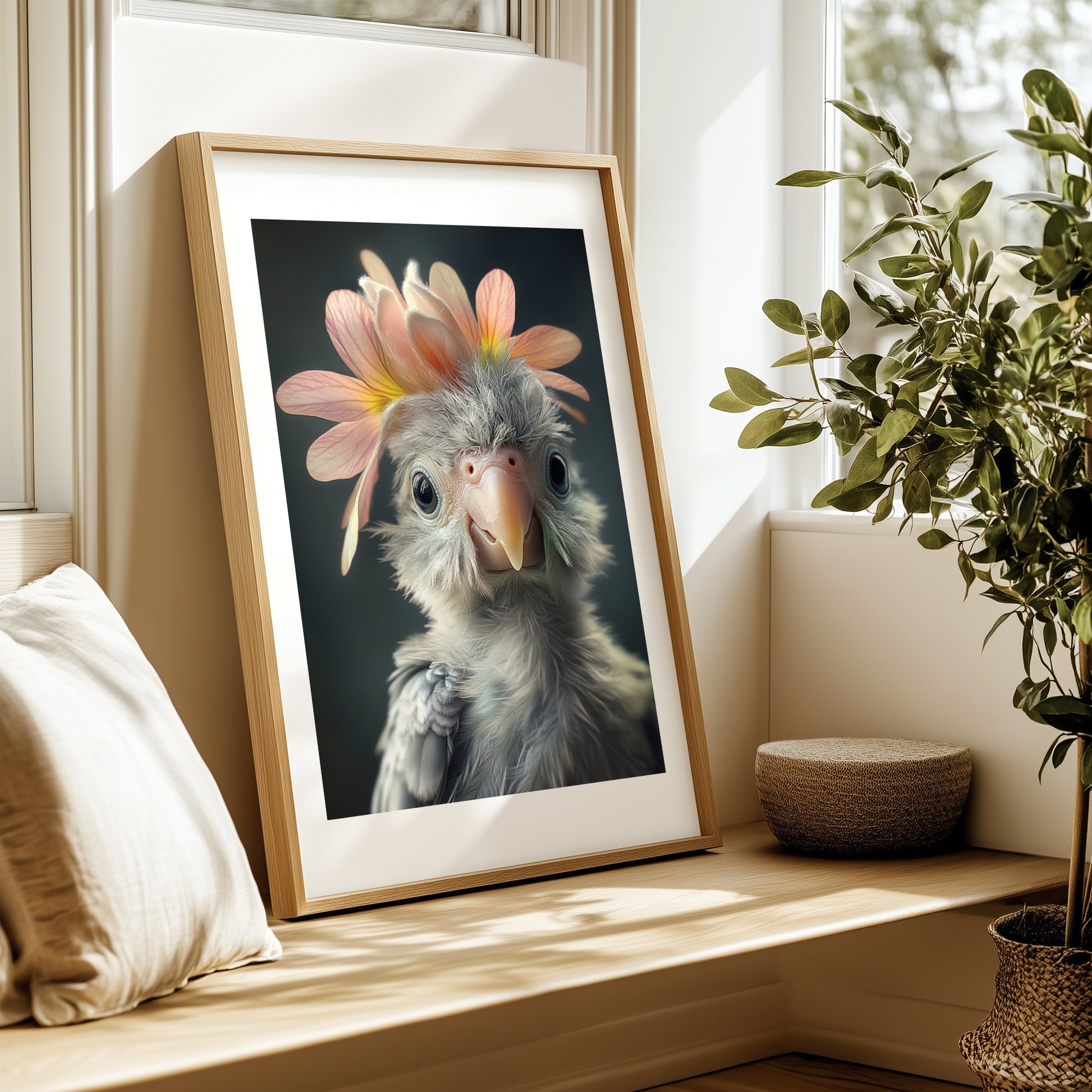 Adorable baby parrot with a flower crown – printable whimsical bird wall art for tropical or jungle-themed nursery decor. Perfect as a gift for expecting parents, baby showers or bird lovers. This high-resolution digital artwork includes various sizes and is easy to print at home or professionally. A colorful and cheerful Dezinbazar design that brings joy and a touch of the wild into your child’s room.