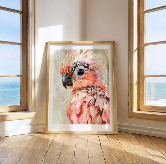 Tropical parrot print in soft pink tones, perfect for decorating bathrooms, beach houses, or nursery walls. This cute bird wall art adds a fresh, exotic vibe to your interior. Downloadable as high-resolution digital art, printable in various formats – from A5 to A0 or 30×40 cm / 50×70 cm. A beautiful gift for bird lovers and tropical decor fans. Be proud. Be kind. Be wild – by Dezinbazar.