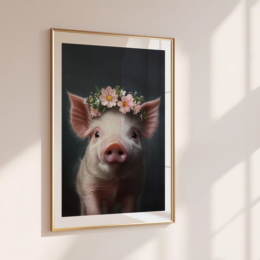 Adorable baby pig poster with flower crown – printed on 200 gsm semi-glossy FSC-certified paper in DIN and standard sizes (A4–A0, 30×40 cm, 50×70 cm). A premium kids room or nursery print with soft pastel tones, designed for gentle farm-themed baby spaces. Fits many standard frames (e.g. IKEA RIBBA, HOVSTA). Ideal gift for new moms. Be proud. Be kind. Be wild – by Dezinbazar.