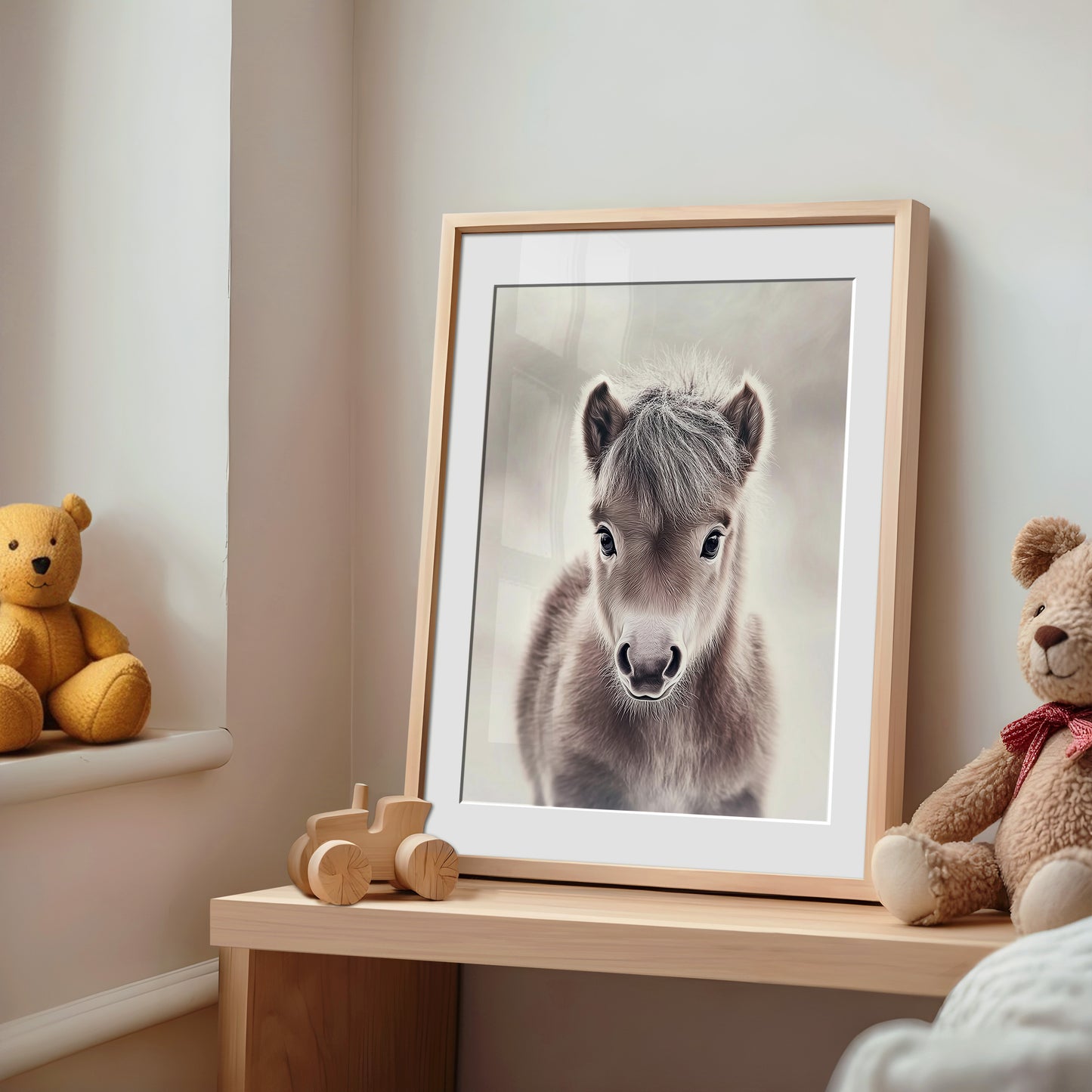 Adorable baby pony poster in soft neutral tones – perfect for nurseries, kids rooms or farm-themed interiors. Printed on 200 gsm semi-glossy FSC-certified paper. Available in DIN A4–A0 and standard sizes like 30×40 cm and 50×70 cm. Made to order and eco-friendly. Ideal gift for pony lovers and baby room decoration. Be proud. Be kind. Be wild – by Dezinbazar.