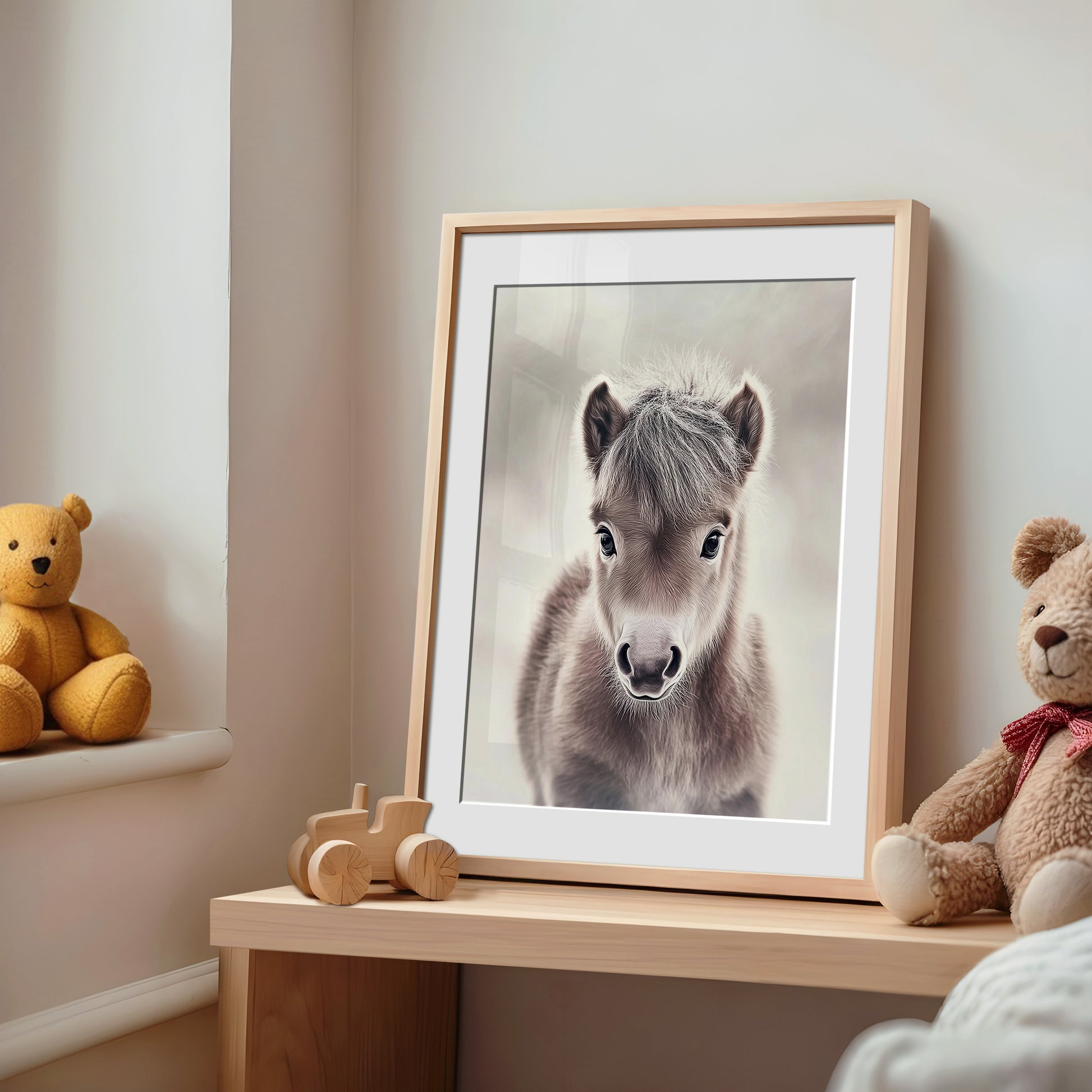 Adorable baby pony poster in soft neutral tones – perfect for nurseries, kids rooms or farm-themed interiors. Printed on 200 gsm semi-glossy FSC-certified paper. Available in DIN A4–A0 and standard sizes like 30×40 cm and 50×70 cm. Made to order and eco-friendly. Ideal gift for pony lovers and baby room decoration. Be proud. Be kind. Be wild – by Dezinbazar.
