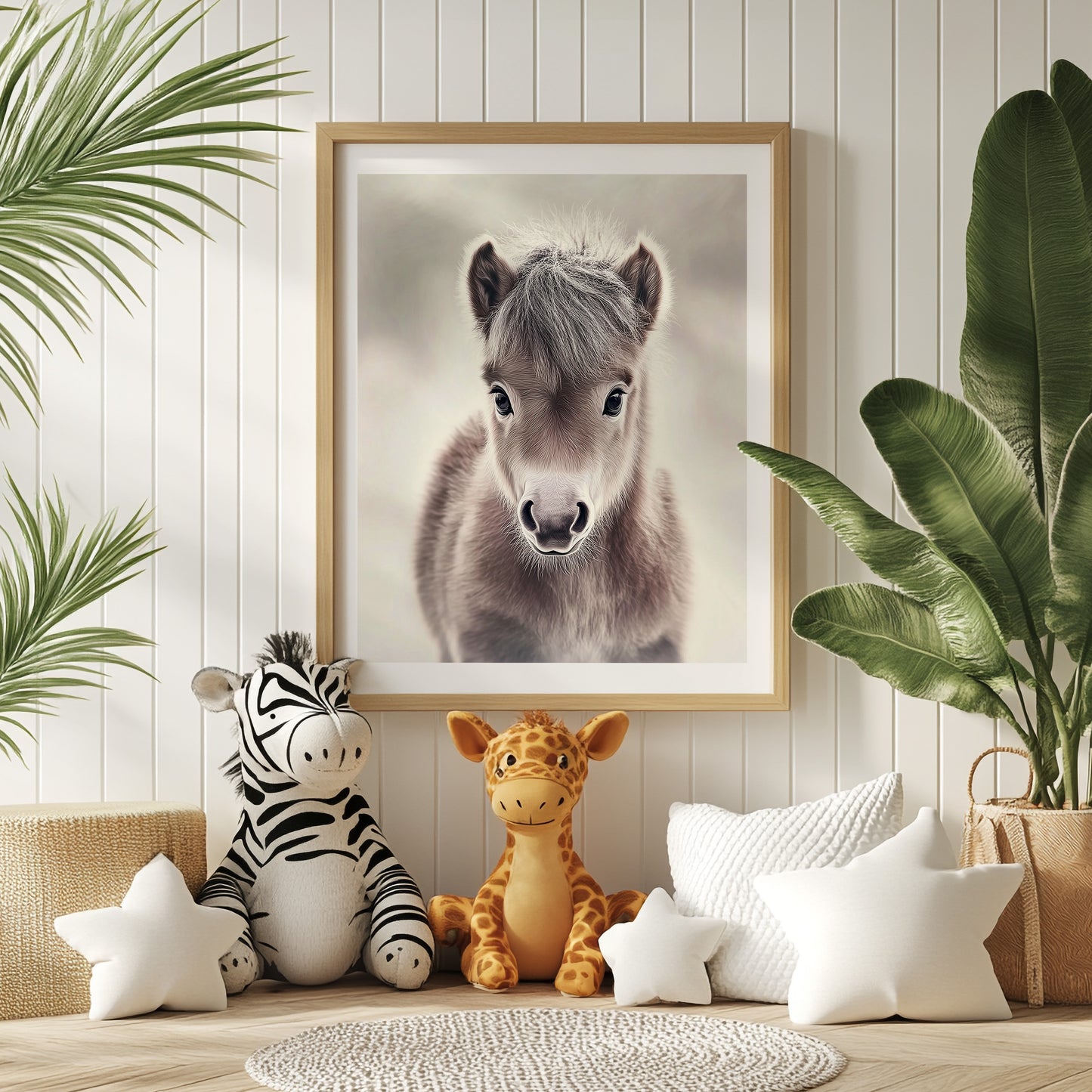 Adorable baby pony poster in soft neutral tones – perfect for nurseries, kids rooms or farm-themed interiors. Printed on 200 gsm semi-glossy FSC-certified paper. Available in DIN A4–A0 and standard sizes like 30×40 cm and 50×70 cm. Made to order and eco-friendly. Ideal gift for pony lovers and baby room decoration. Be proud. Be kind. Be wild – by Dezinbazar.
