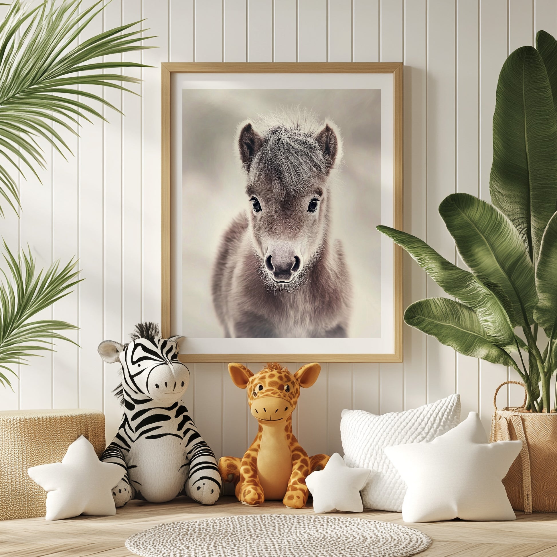 Adorable baby pony poster in soft neutral tones – perfect for nurseries, kids rooms or farm-themed interiors. Printed on 200 gsm semi-glossy FSC-certified paper. Available in DIN A4–A0 and standard sizes like 30×40 cm and 50×70 cm. Made to order and eco-friendly. Ideal gift for pony lovers and baby room decoration. Be proud. Be kind. Be wild – by Dezinbazar.