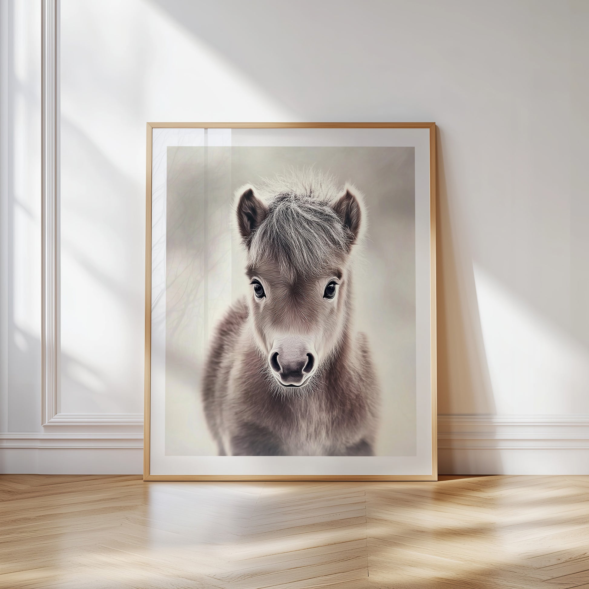 Adorable baby pony poster in soft neutral tones – perfect for nurseries, kids rooms or farm-themed interiors. Printed on 200 gsm semi-glossy FSC-certified paper. Available in DIN A4–A0 and standard sizes like 30×40 cm and 50×70 cm. Made to order and eco-friendly. Ideal gift for pony lovers and baby room decoration. Be proud. Be kind. Be wild – by Dezinbazar.