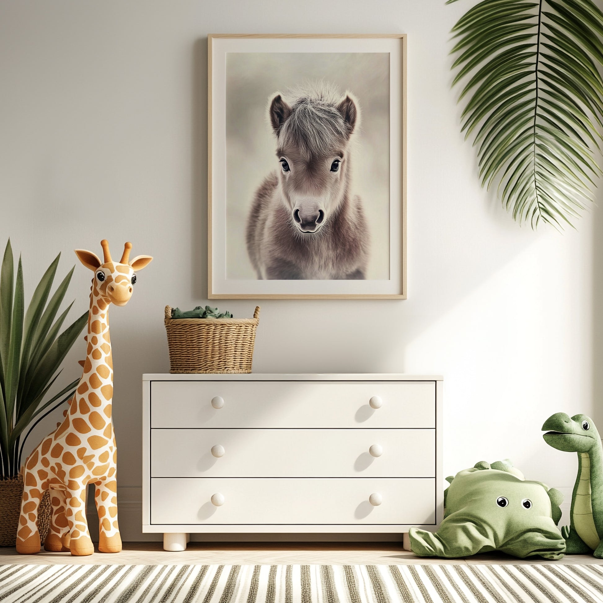 Adorable baby pony poster in soft neutral tones – perfect for nurseries, kids rooms or farm-themed interiors. Printed on 200 gsm semi-glossy FSC-certified paper. Available in DIN A4–A0 and standard sizes like 30×40 cm and 50×70 cm. Made to order and eco-friendly. Ideal gift for pony lovers and baby room decoration. Be proud. Be kind. Be wild – by Dezinbazar.