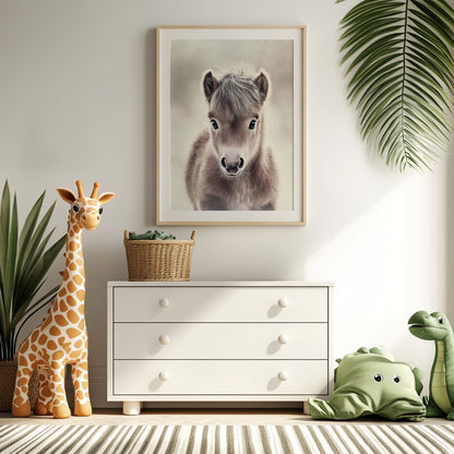 Adorable baby pony poster in soft neutral tones – perfect for nurseries, kids rooms or farm-themed interiors. Printed on 200 gsm semi-glossy FSC-certified paper. Available in DIN A4–A0 and standard sizes like 30×40 cm and 50×70 cm. Made to order and eco-friendly. Ideal gift for pony lovers and baby room decoration. Be proud. Be kind. Be wild – by Dezinbazar.