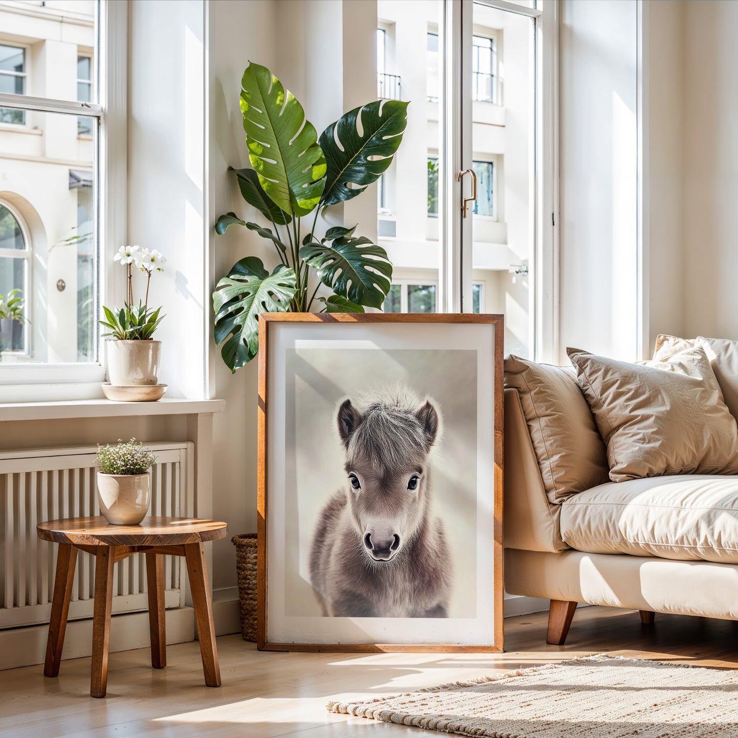 Adorable baby pony poster in soft neutral tones – perfect for nurseries, kids rooms or farm-themed interiors. Printed on 200 gsm semi-glossy FSC-certified paper. Available in DIN A4–A0 and standard sizes like 30×40 cm and 50×70 cm. Made to order and eco-friendly. Ideal gift for pony lovers and baby room decoration. Be proud. Be kind. Be wild – by Dezinbazar.