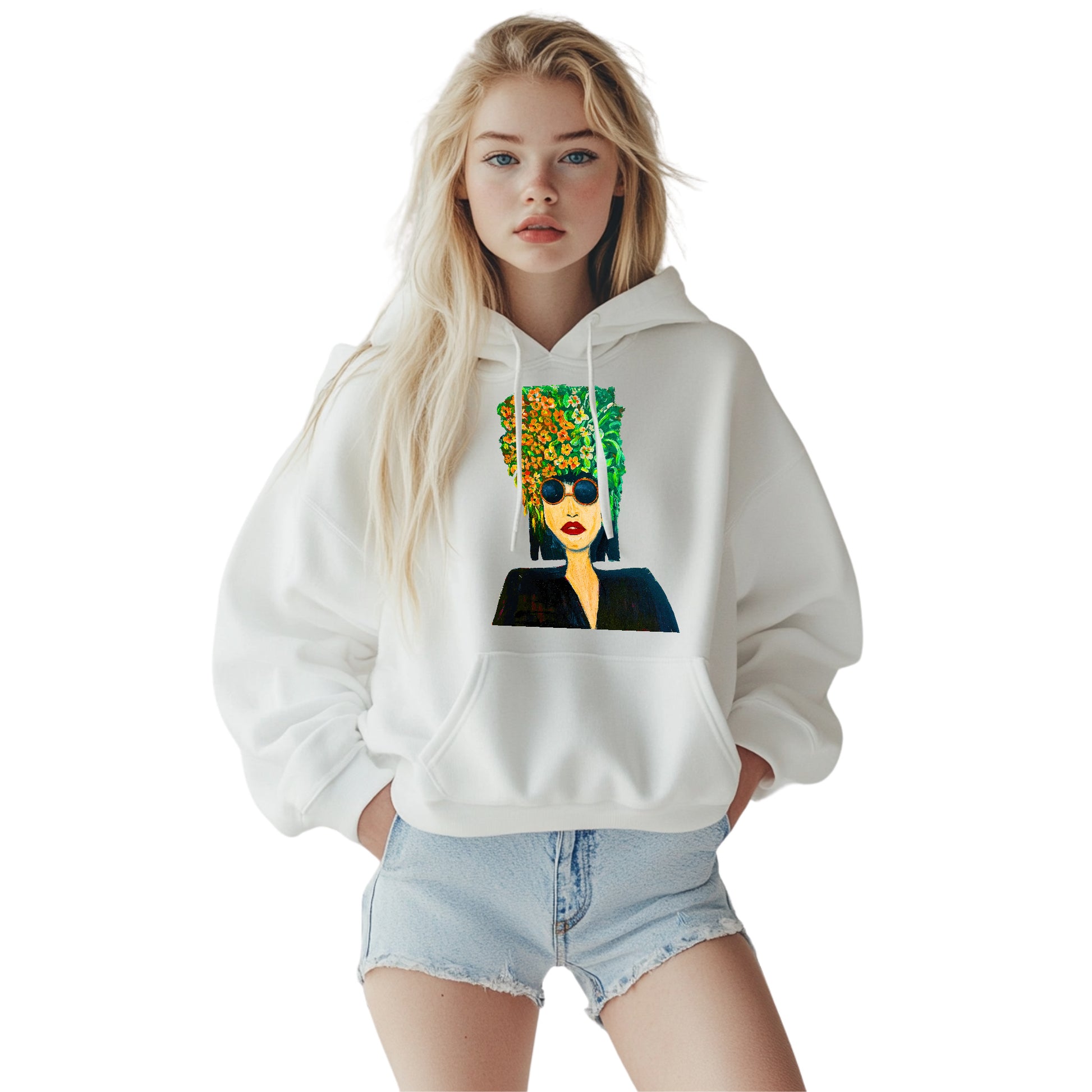 Pop Art Hoodie – Unisex Kapuzenpullover mit floralem Portrait | Individuelles & stylisches Design