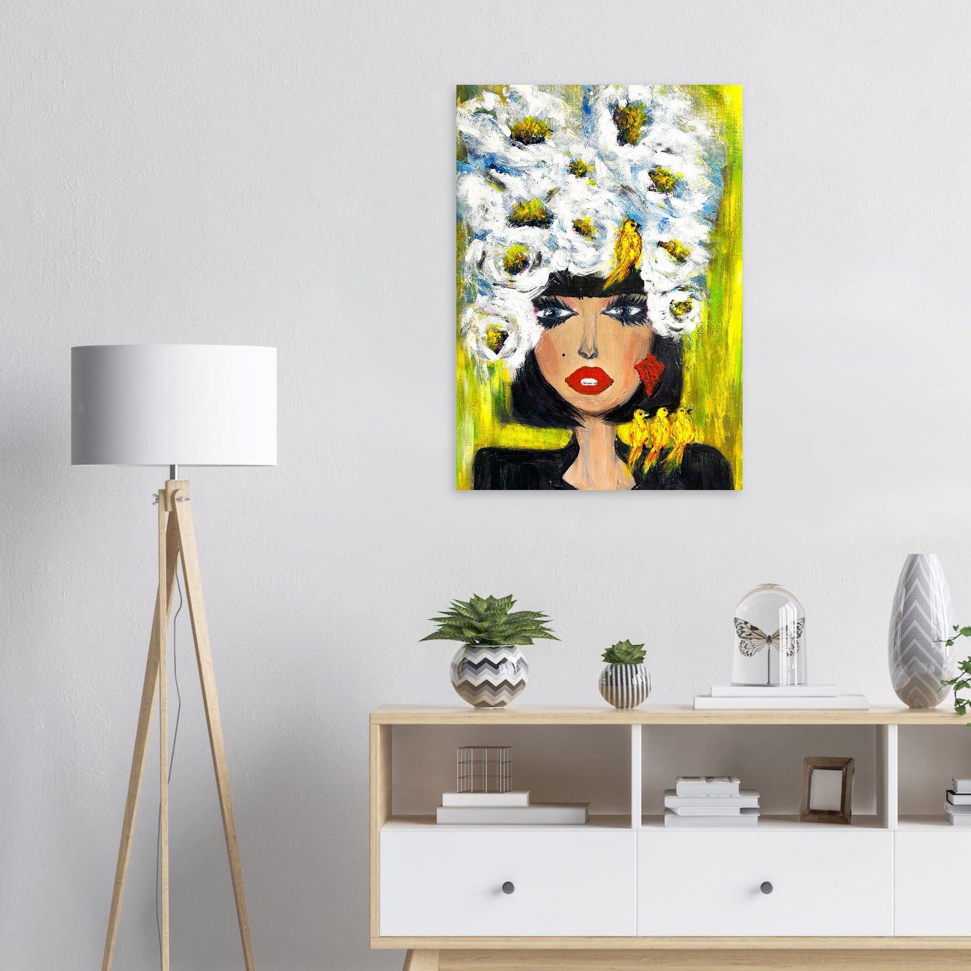 Pop Art Poster mit Blütenkrone und Vögeln – Moderne Wandkunst
