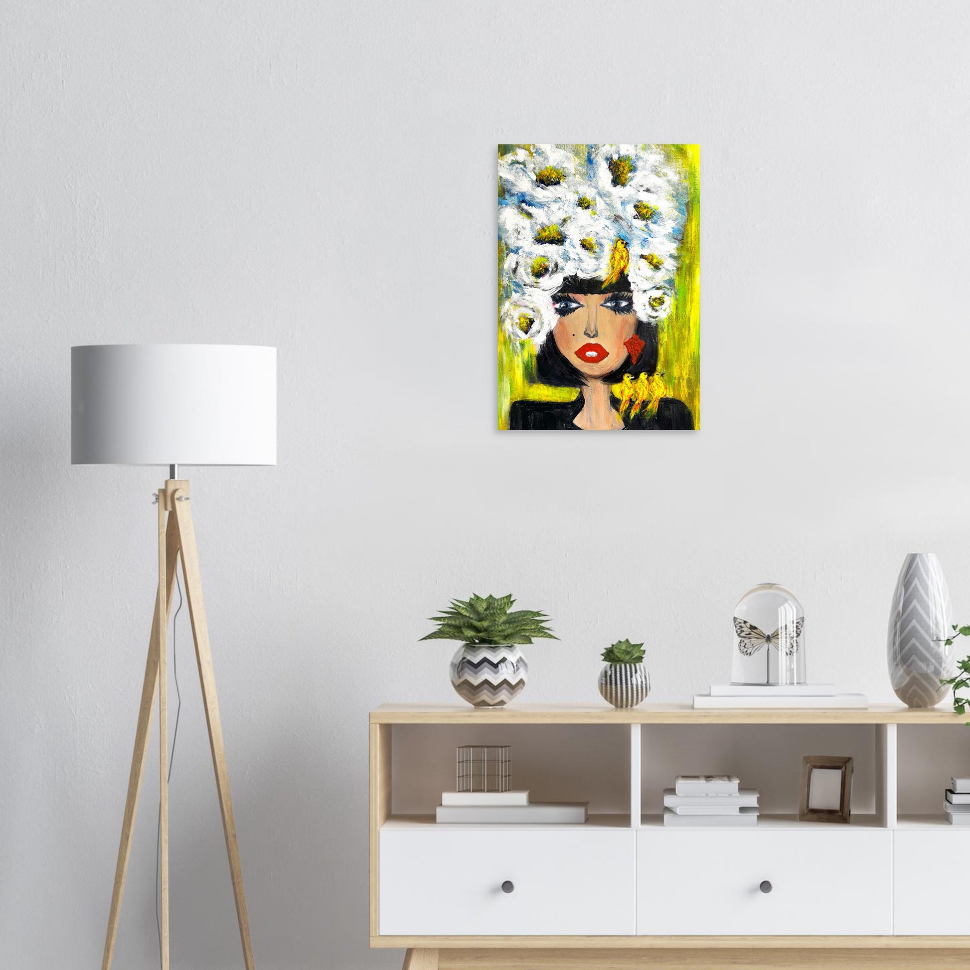 Pop Art Poster mit Blütenkrone und Vögeln – Moderne Wandkunst