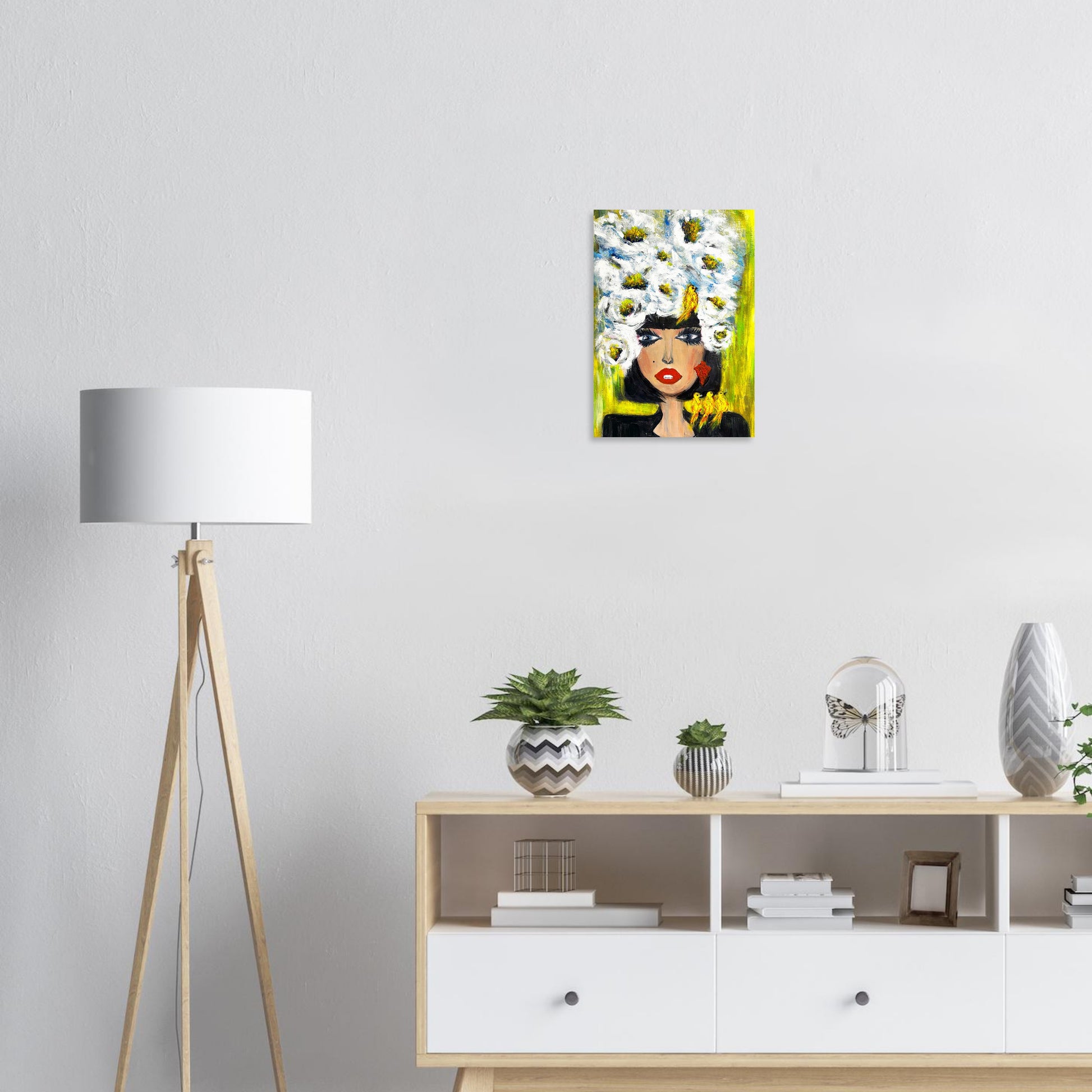 Pop Art Poster mit Blütenkrone und Vögeln – Moderne Wandkunst