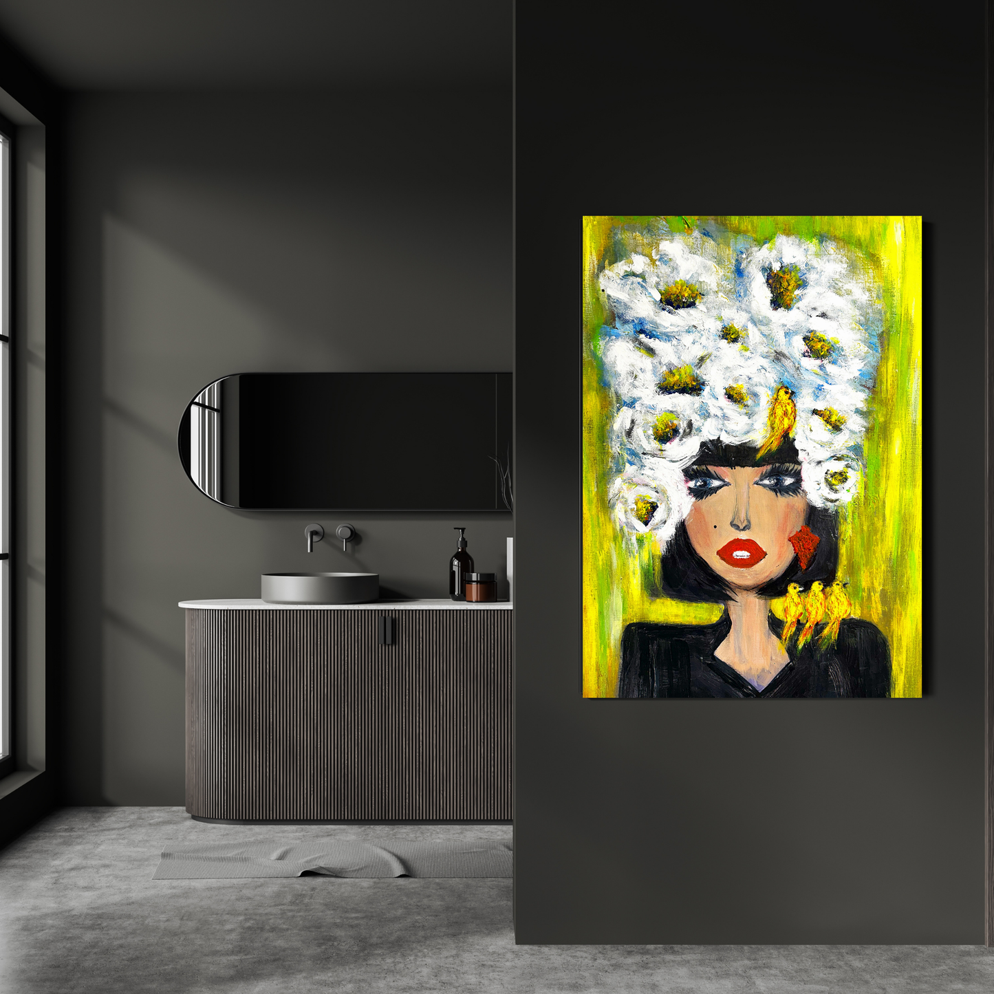 Pop Art Poster mit Blütenkrone und Vögeln – Moderne Wandkunst