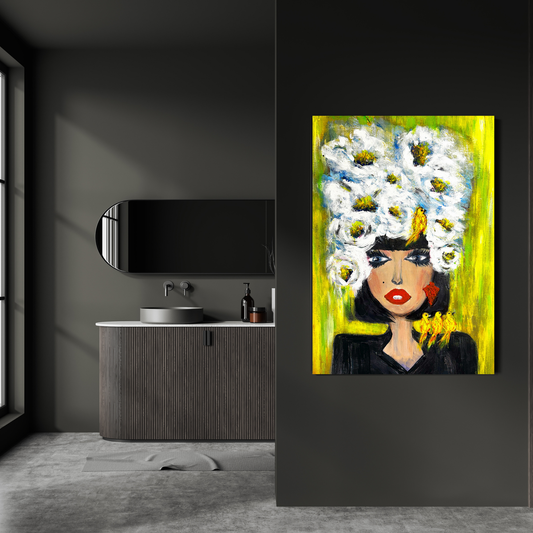 Pop Art Poster mit Blütenkrone und Vögeln – Moderne Wandkunst