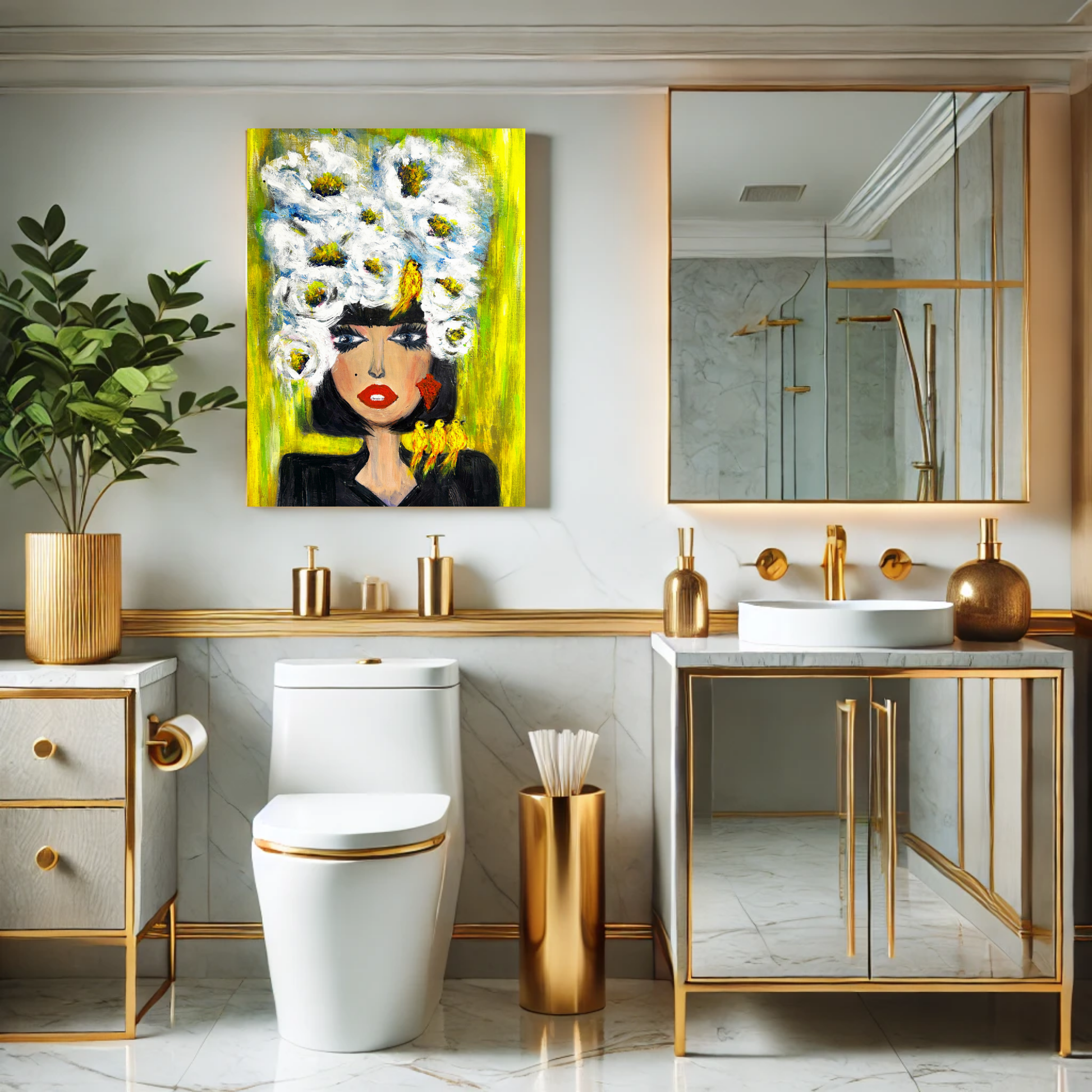 Pop Art Poster mit Blütenkrone und Vögeln – Moderne Wandkunst