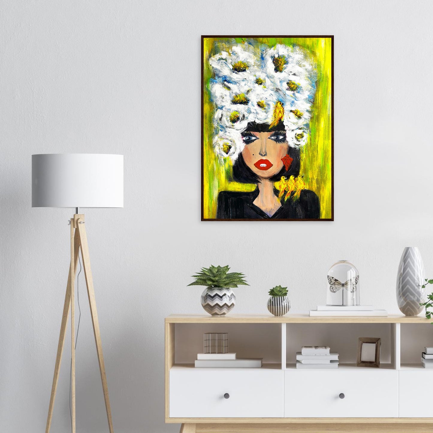 Pop Art Poster mit Holzrahmen – Frau mit Blütenkrone und Vogelfreunde