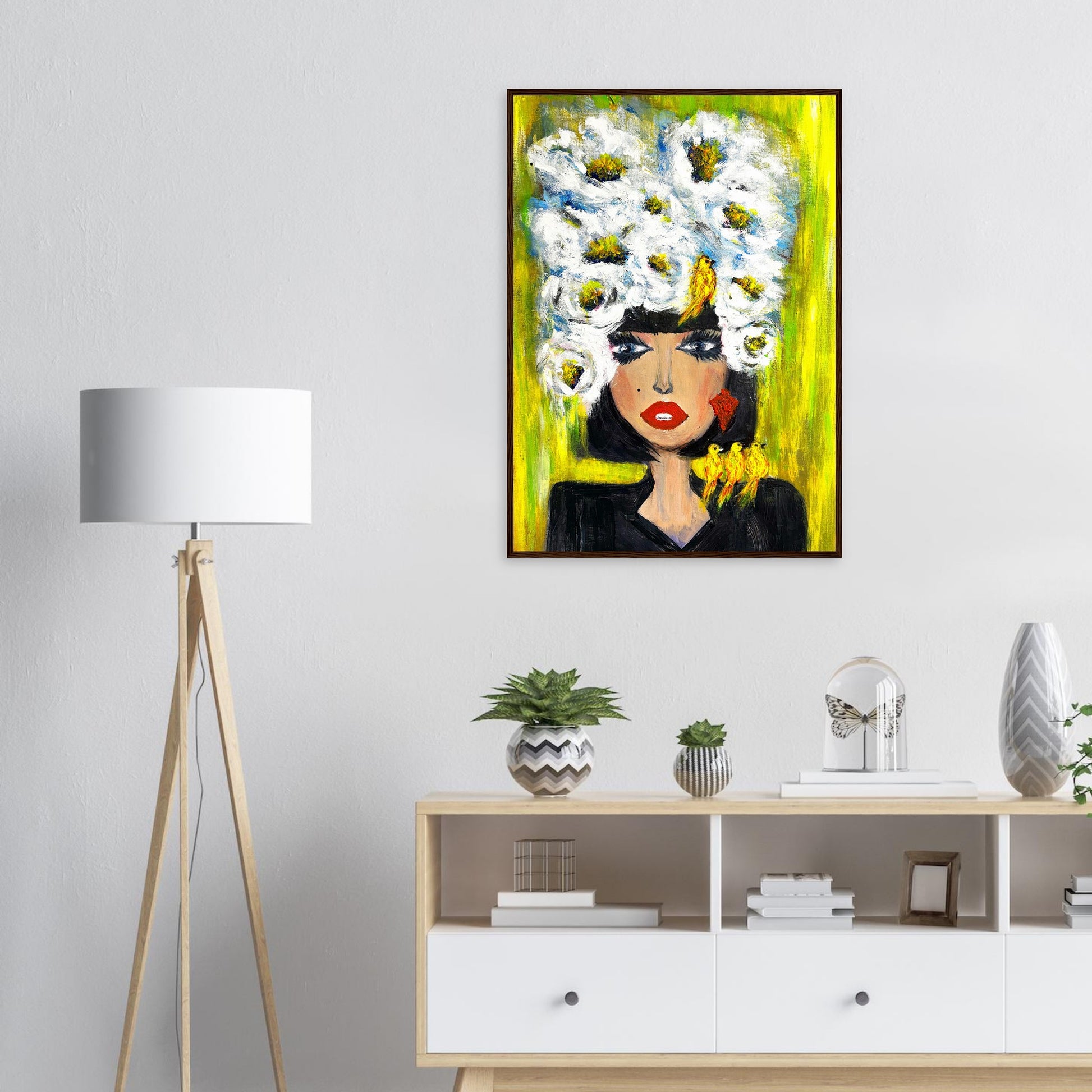 Pop Art Poster mit Holzrahmen – Frau mit Blütenkrone und Vogelfreunde