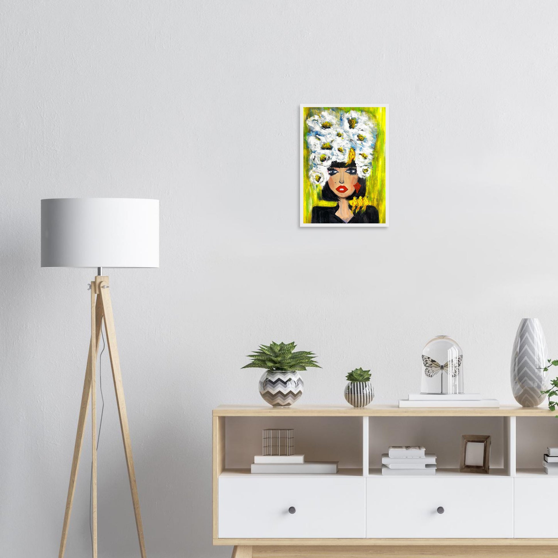 Pop Art Poster mit Holzrahmen – Frau mit Blütenkrone und Vogelfreunde