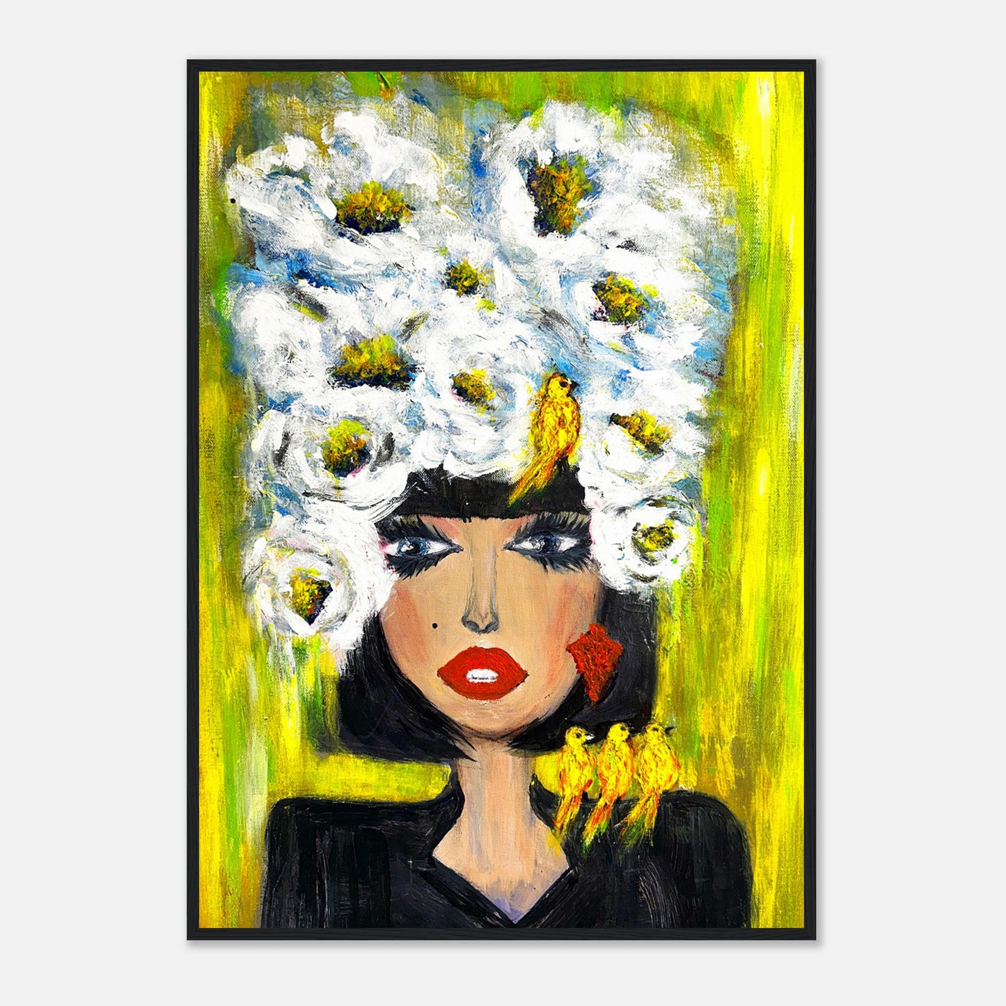 Pop Art Poster mit Holzrahmen – Frau mit Blütenkrone und Vogelfreunde