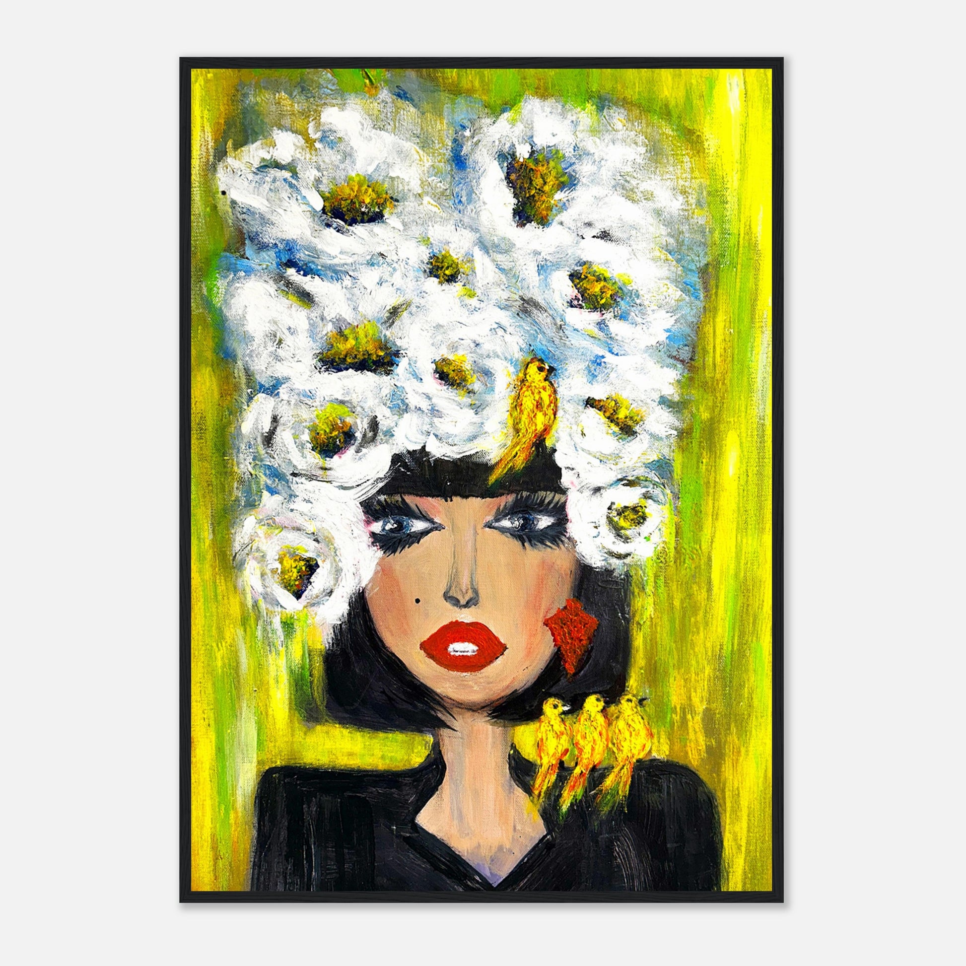 Pop Art Poster mit Holzrahmen – Frau mit Blütenkrone und Vogelfreunde