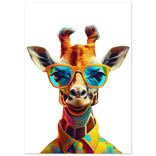 Premium giraffe poster printed on 200 gsm semi-glossy FSC-certified paper. Cool safari animal with sunglasses brings fun and style to your nursery, kids room or living room. Vibrant colors and detailed print finish. Available in DIN A4–A0 and standard 30×40 cm to 50×70 cm sizes, fitting IKEA frames. Made to order for sustainability. Ideal gift for animal lovers and safari decor fans. Be proud. Be kind. Be wild – by Dezinbazar.