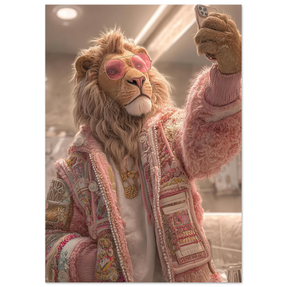 Premium poster of a stylish lion standing in a modern bathroom, taking a selfie with pink sunglasses and a gold necklace. Perfect for bathroom wall decor, modern interiors, or as a humorous gift. Printed on 200 gsm semi-glossy FSC-certified paper in multiple sizes from A4 to A0 and 30×40/50×70 cm – fits IKEA frames.