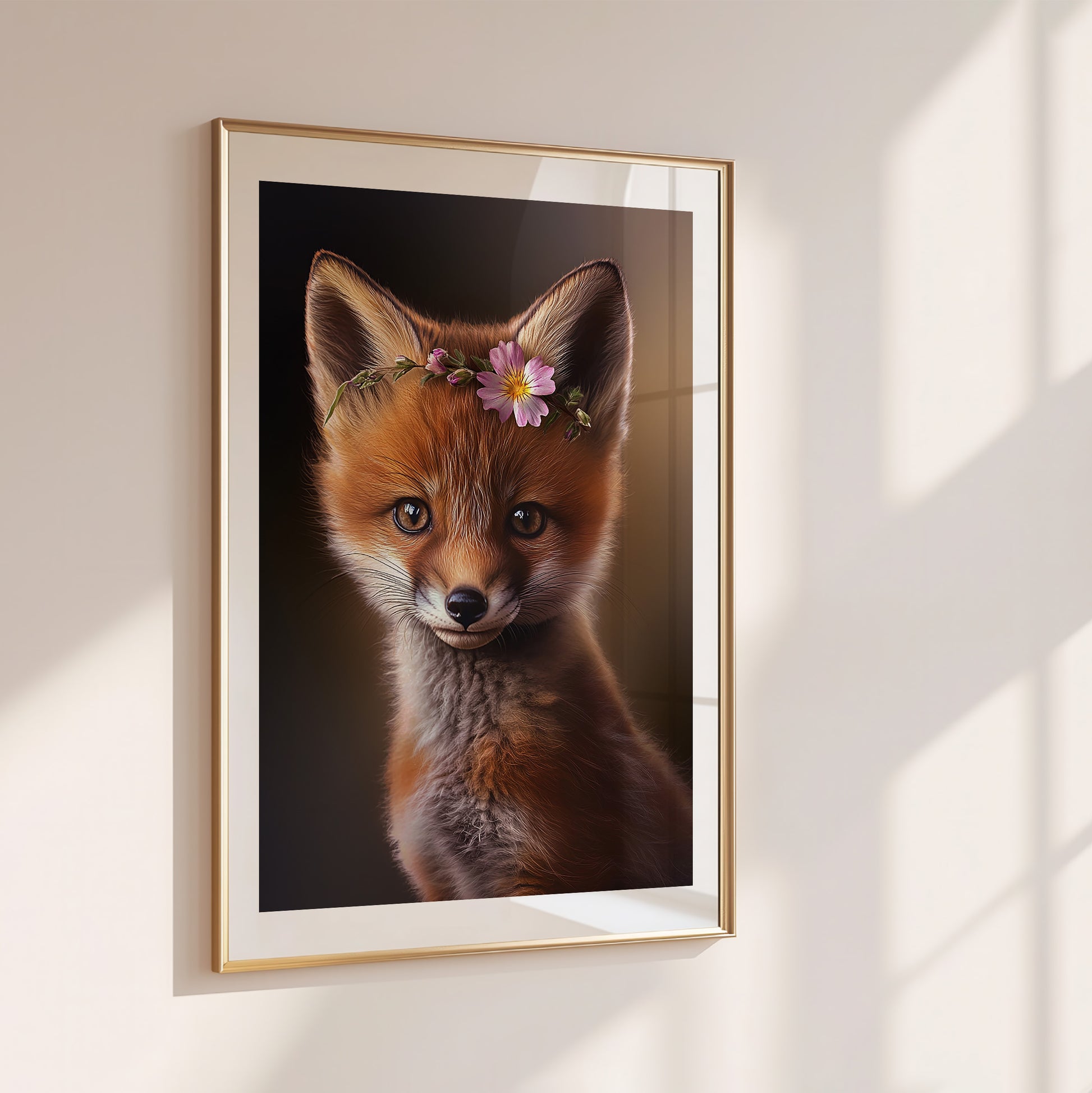 Baby red fox poster with flower crown for woodland nursery or kids room