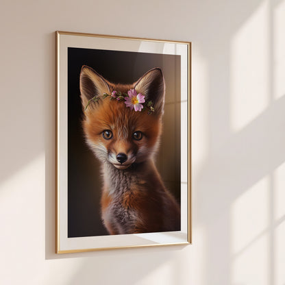 Baby red fox poster with flower crown for woodland nursery or kids room