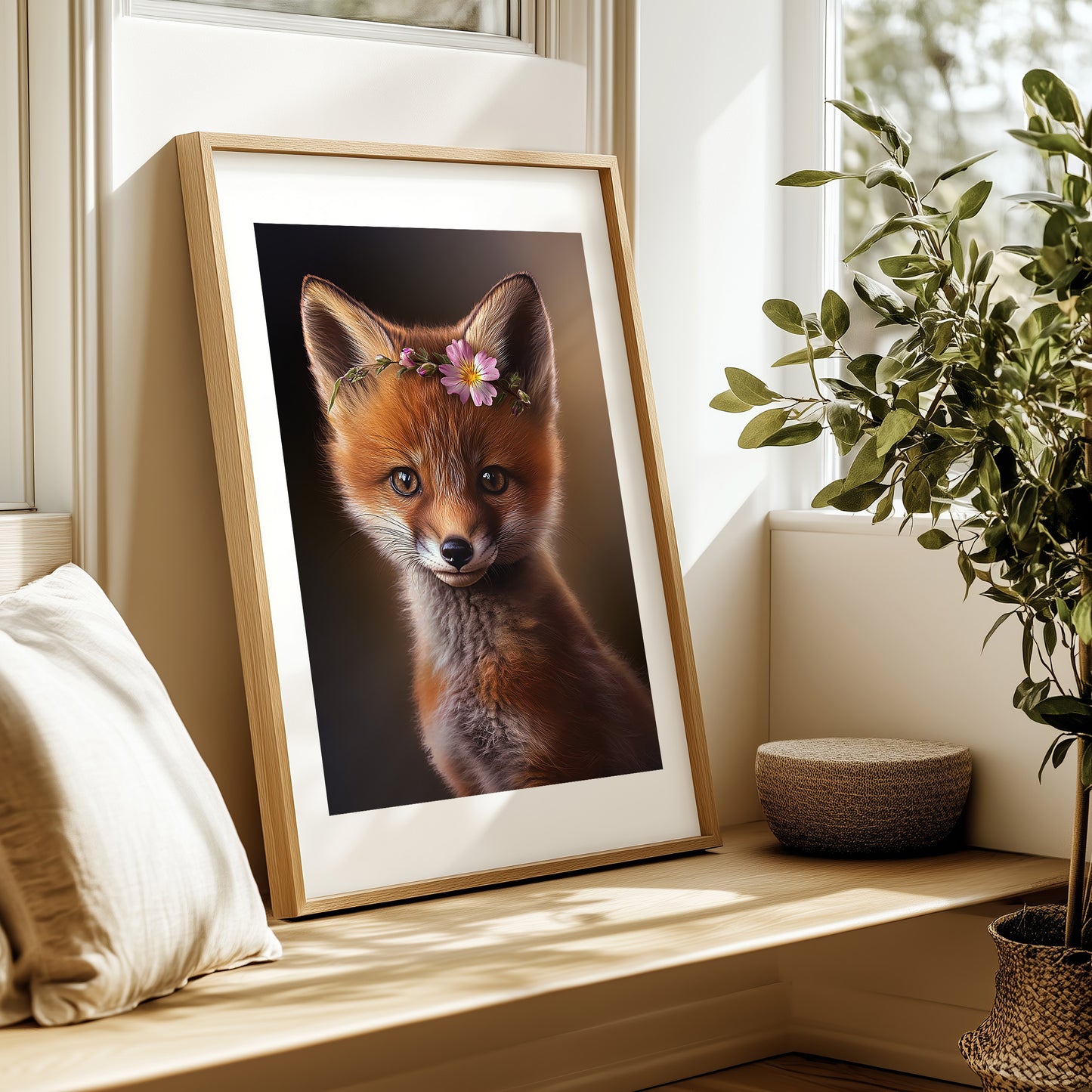 Baby red fox poster with flower crown for woodland nursery or kids room