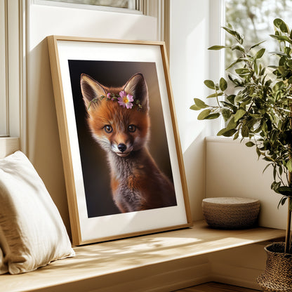 Baby red fox poster with flower crown for woodland nursery or kids room