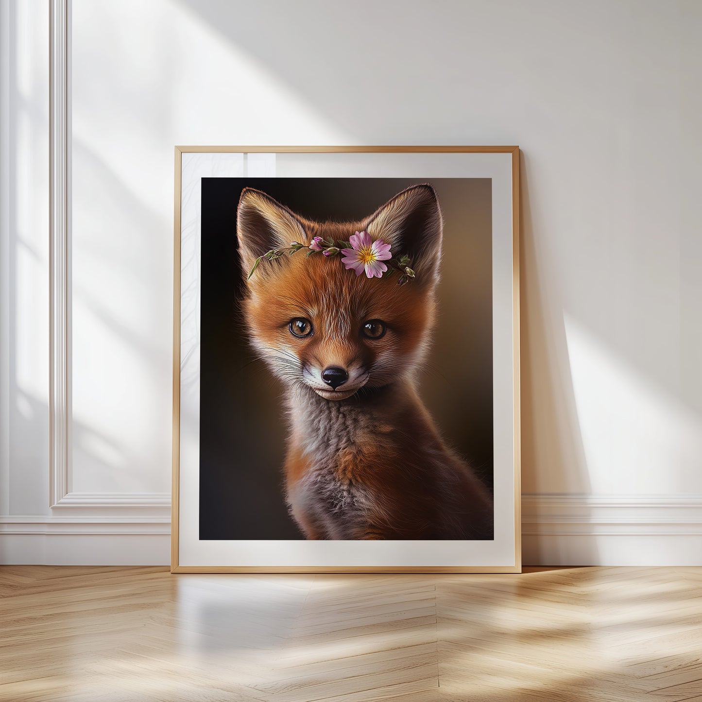 Baby red fox poster with flower crown for woodland nursery or kids room