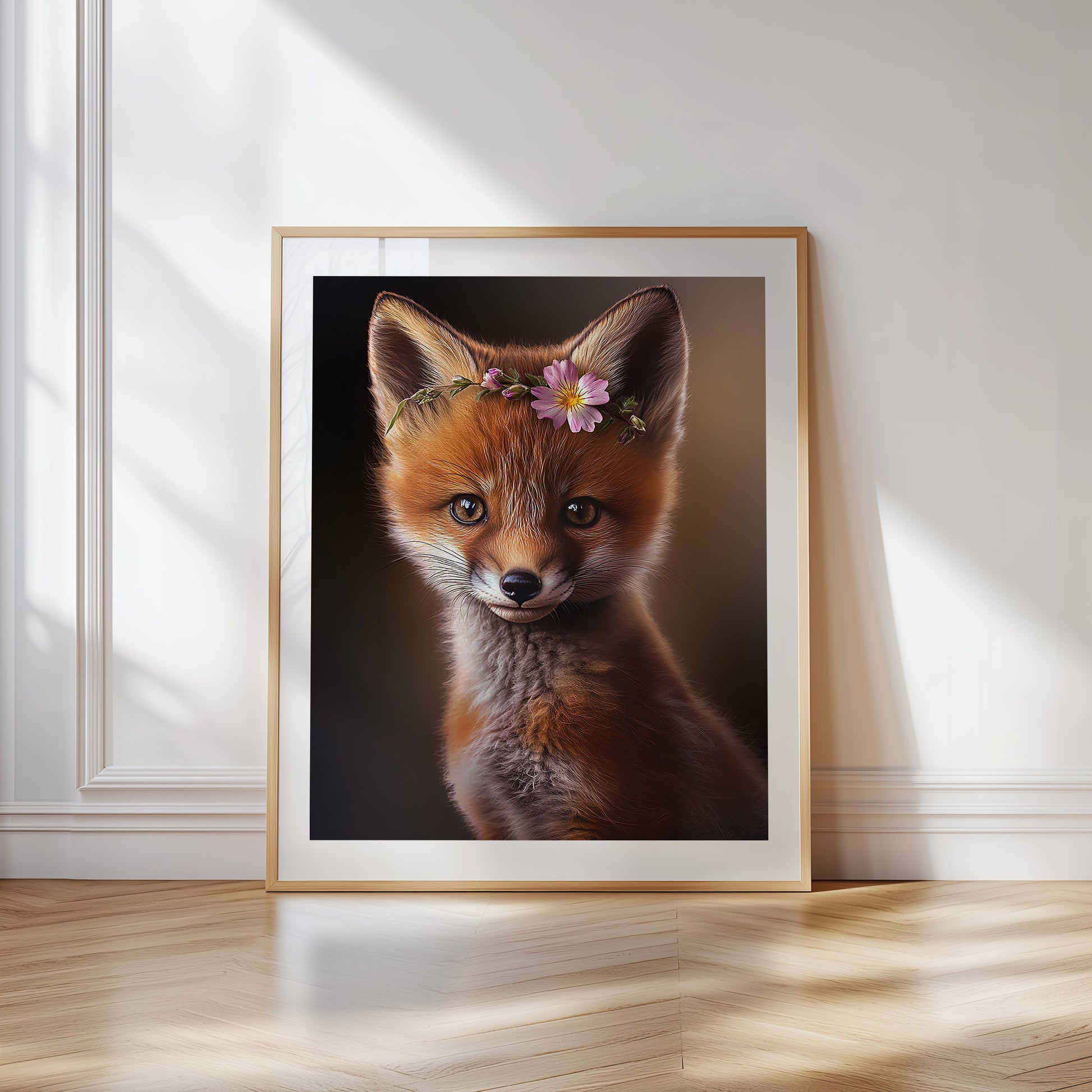 Baby red fox poster with flower crown for woodland nursery or kids room