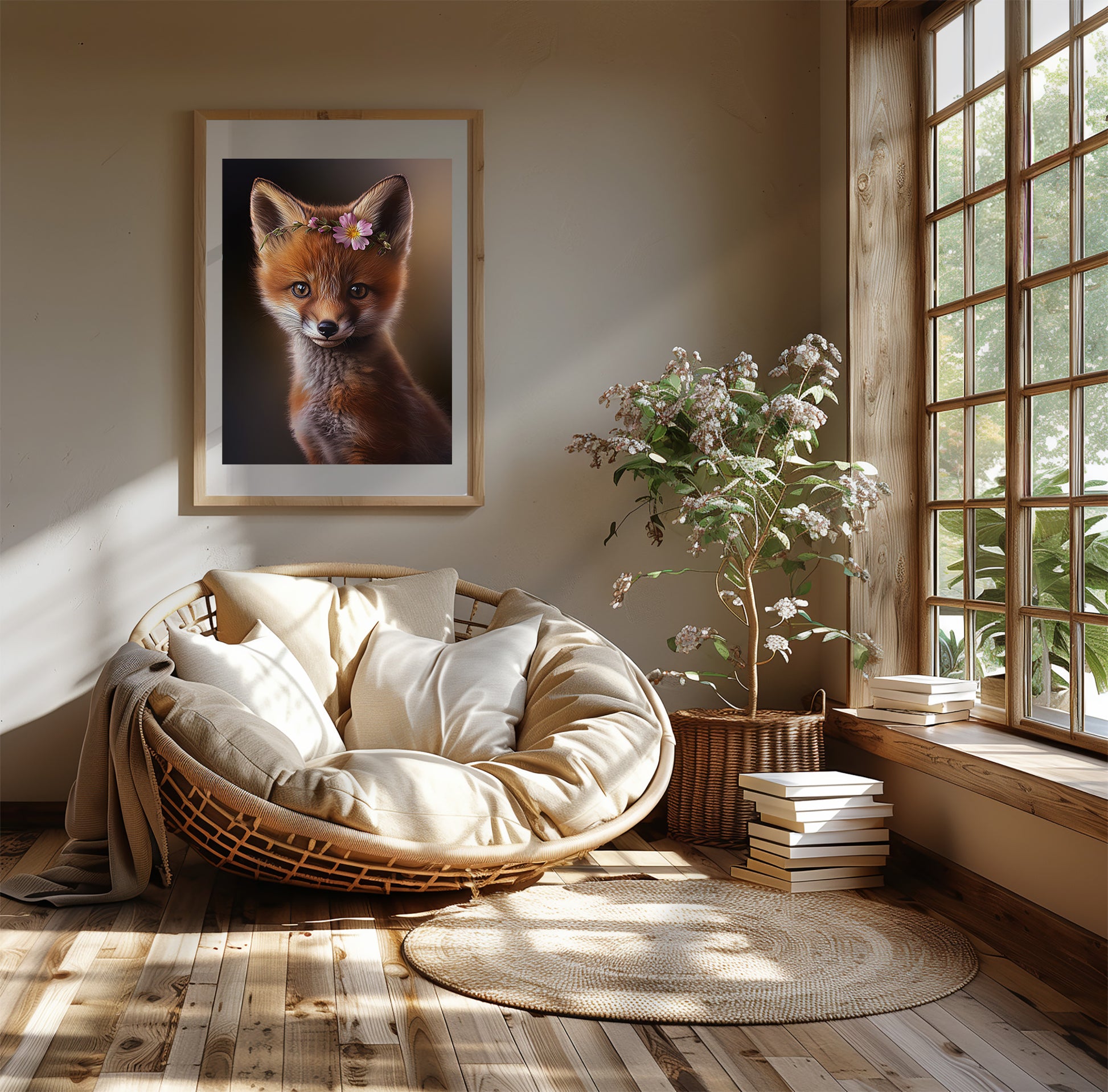 Baby red fox poster with flower crown for woodland nursery or kids room