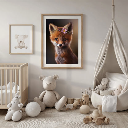 Baby red fox poster with flower crown for woodland nursery or kids room