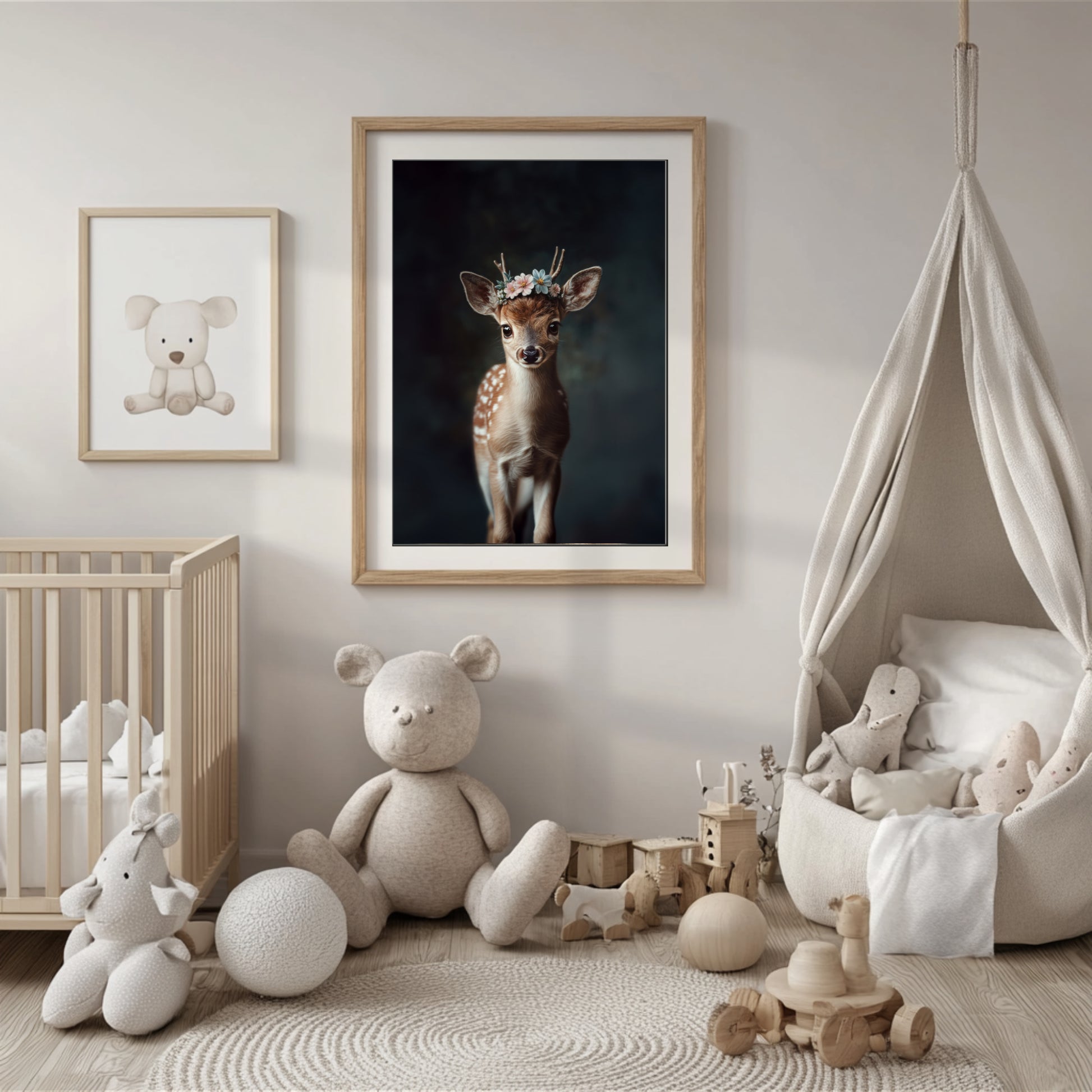 Sweet fawn wall art with flower crown – this printable deer illustration adds charm to any nursery or nature-themed room. High-resolution files in multiple formats for instant download. A gentle, heartwarming Dezinbazar creation perfect as baby room decor or a gift for animal lovers.