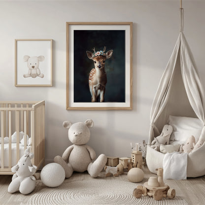 Sweet fawn wall art with flower crown – this printable deer illustration adds charm to any nursery or nature-themed room. High-resolution files in multiple formats for instant download. A gentle, heartwarming Dezinbazar creation perfect as baby room decor or a gift for animal lovers.