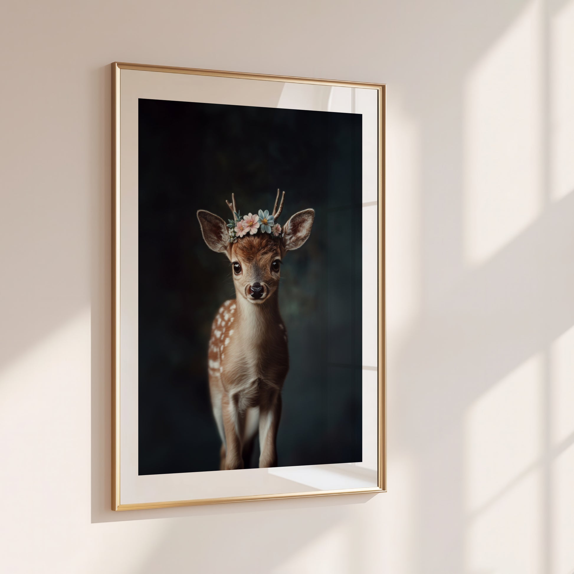 Sweet fawn wall art with flower crown – this printable deer illustration adds charm to any nursery or nature-themed room. High-resolution files in multiple formats for instant download. A gentle, heartwarming Dezinbazar creation perfect as baby room decor or a gift for animal lovers.