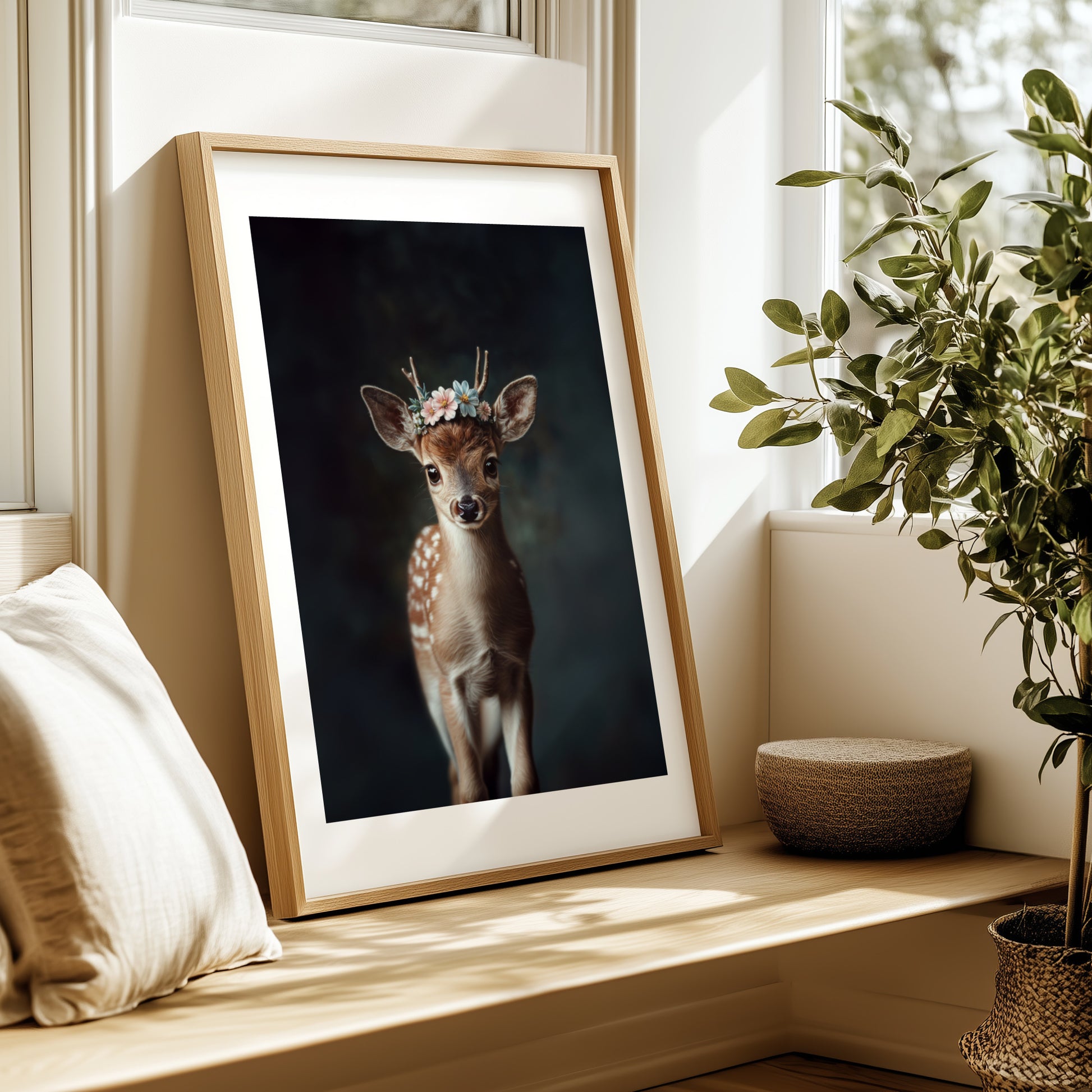 Sweet fawn wall art with flower crown – this printable deer illustration adds charm to any nursery or nature-themed room. High-resolution files in multiple formats for instant download. A gentle, heartwarming Dezinbazar creation perfect as baby room decor or a gift for animal lovers.