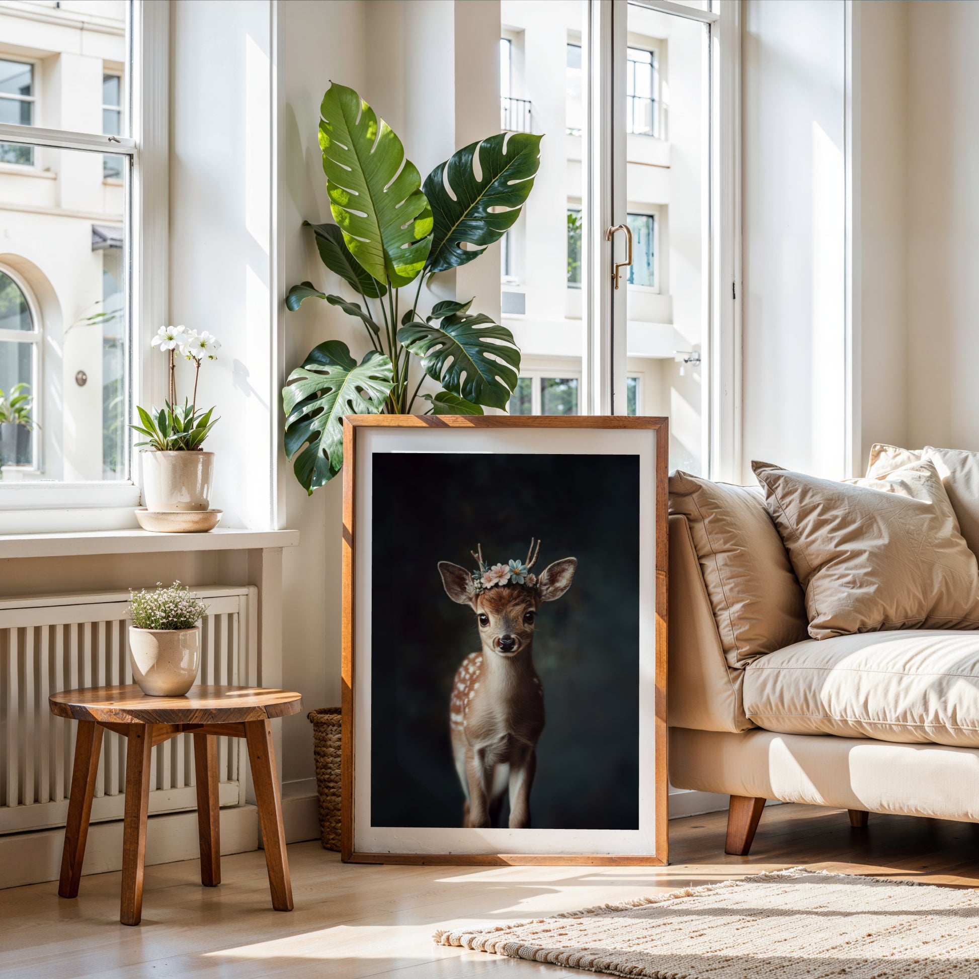 Sweet fawn wall art with flower crown – this printable deer illustration adds charm to any nursery or nature-themed room. High-resolution files in multiple formats for instant download. A gentle, heartwarming Dezinbazar creation perfect as baby room decor or a gift for animal lovers.