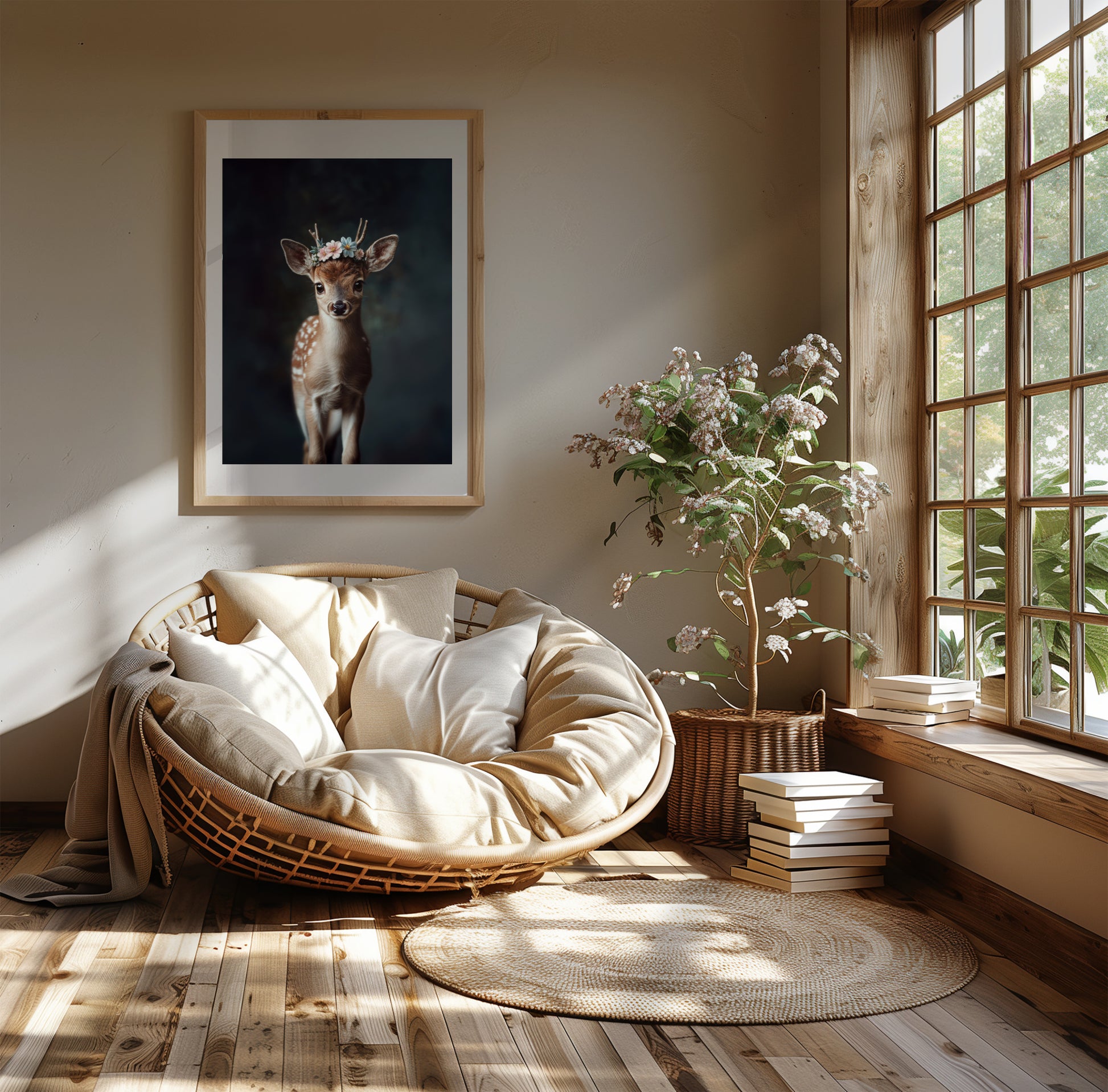 Sweet fawn wall art with flower crown – this printable deer illustration adds charm to any nursery or nature-themed room. High-resolution files in multiple formats for instant download. A gentle, heartwarming Dezinbazar creation perfect as baby room decor or a gift for animal lovers.