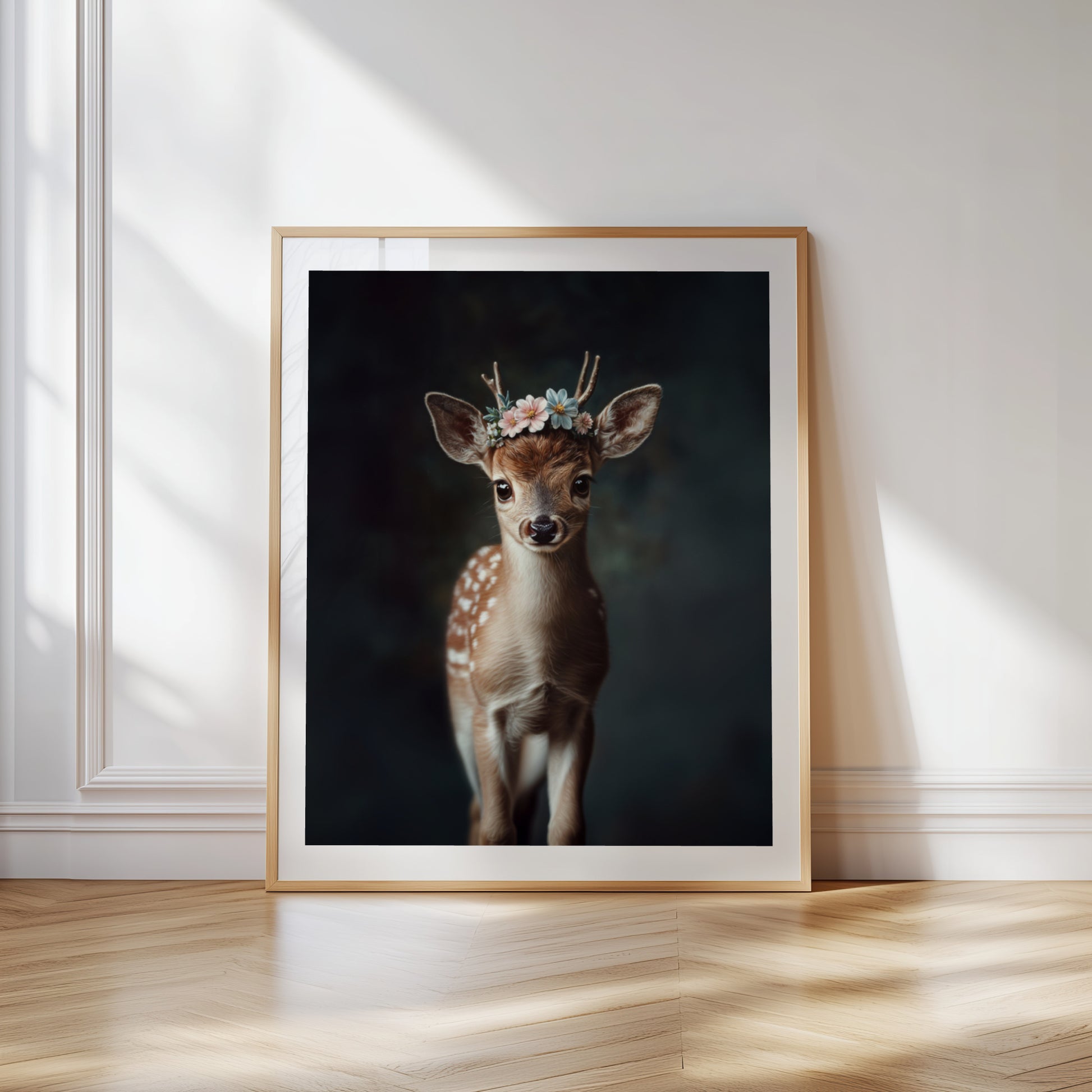Sweet fawn wall art with flower crown – this printable deer illustration adds charm to any nursery or nature-themed room. High-resolution files in multiple formats for instant download. A gentle, heartwarming Dezinbazar creation perfect as baby room decor or a gift for animal lovers.