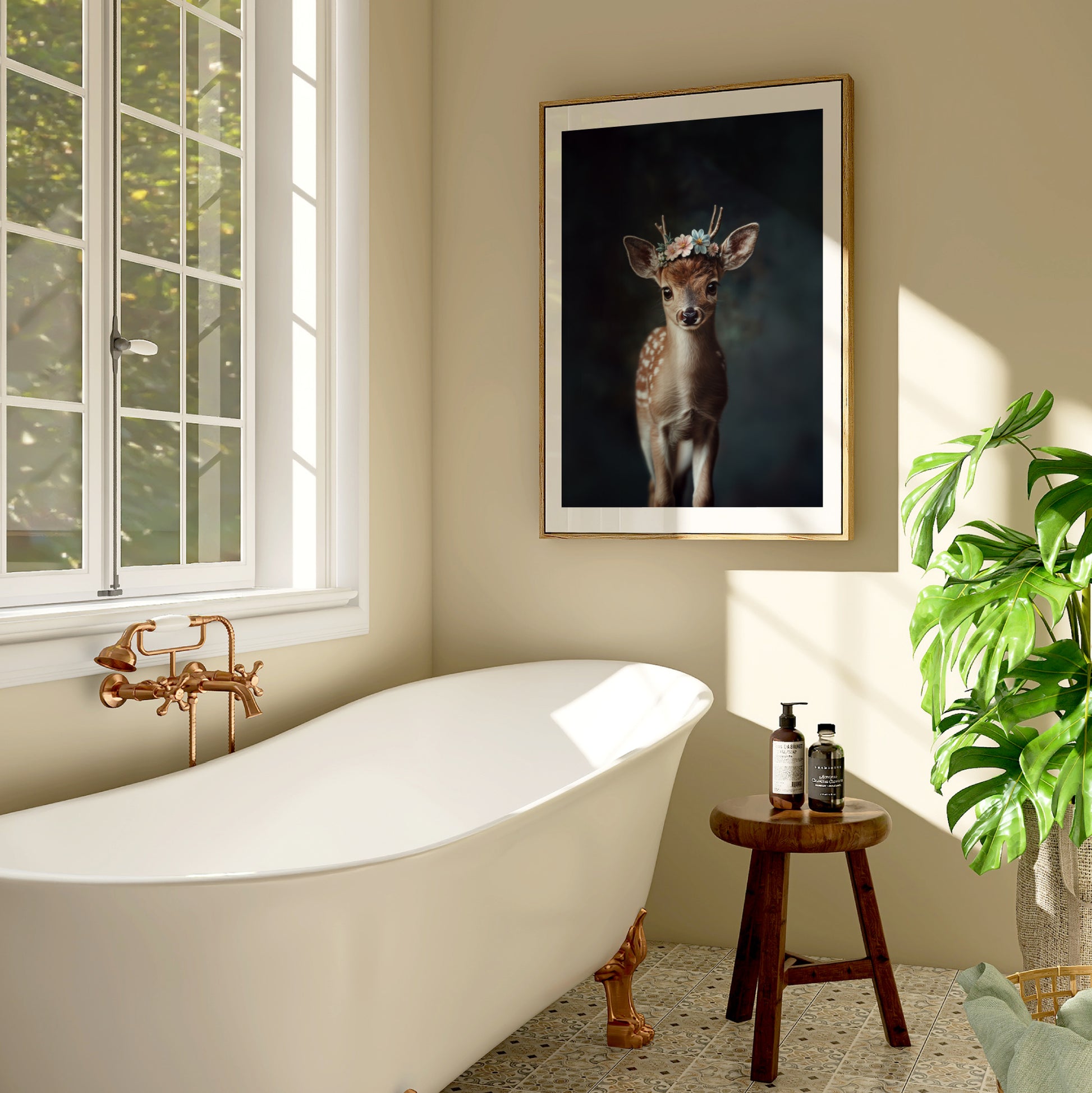 Sweet fawn wall art with flower crown – this printable deer illustration adds charm to any nursery or nature-themed room. High-resolution files in multiple formats for instant download. A gentle, heartwarming Dezinbazar creation perfect as baby room decor or a gift for animal lovers.