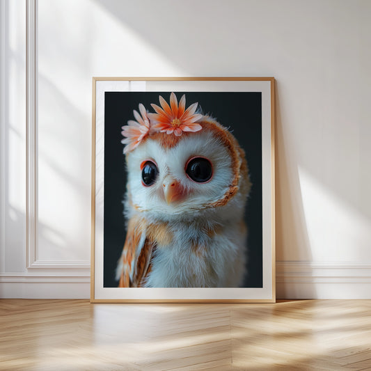 Cute baby barn owl poster with floral crown, perfect for woodland nurseries or kids rooms. Printed on 200 gsm semi-glossy FSC-certified premium paper, available in sizes A4–A0, 30×40 cm, 50×70 cm. Eco-friendly, made to order, and a charming gift for owl lovers, baby showers, or woodland-themed rooms. Be proud. Be kind. Be wild – by Dezinbazar.