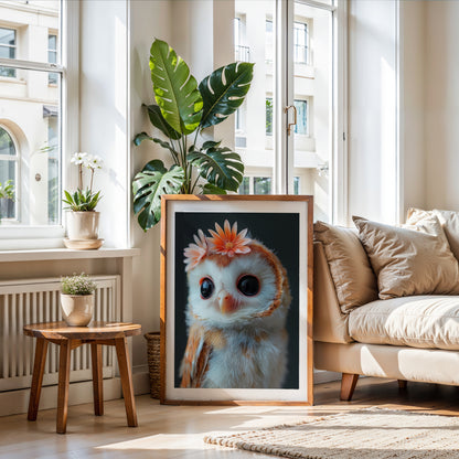 Schleiereule mit Blumenkranz – Hochwertiges Poster für Kinderzimmer & stilvolle Wanddeko | Gedruckt & versendet