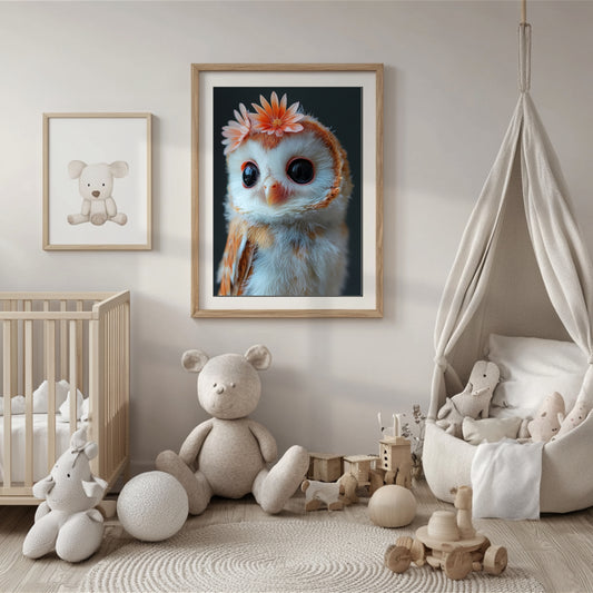 Schleiereule mit Blumenkranz – Hochwertiges Poster für Kinderzimmer & stilvolle Wanddeko | Gedruckt & versendet