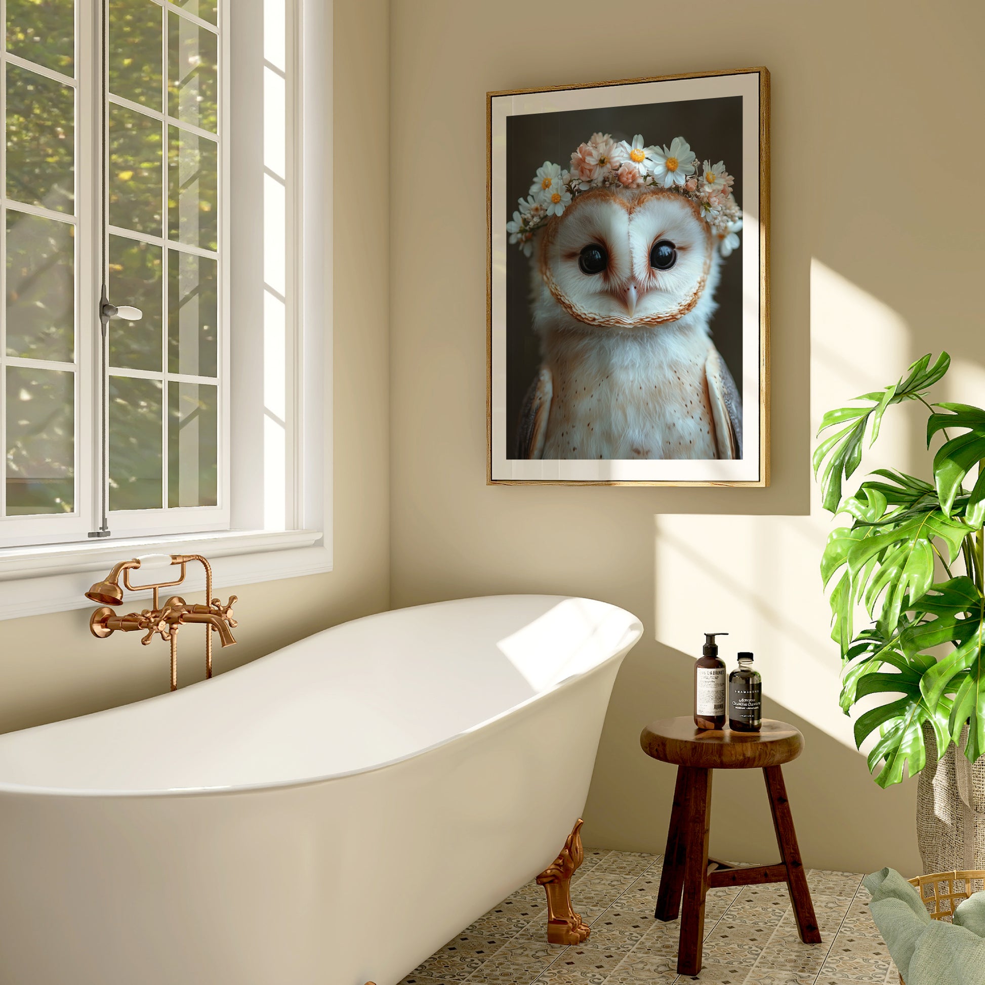 Schleiereule mit Blumen – Hochwertiges Poster für Kinderzimmer & moderne Wanddeko | Gedruckt & versendet